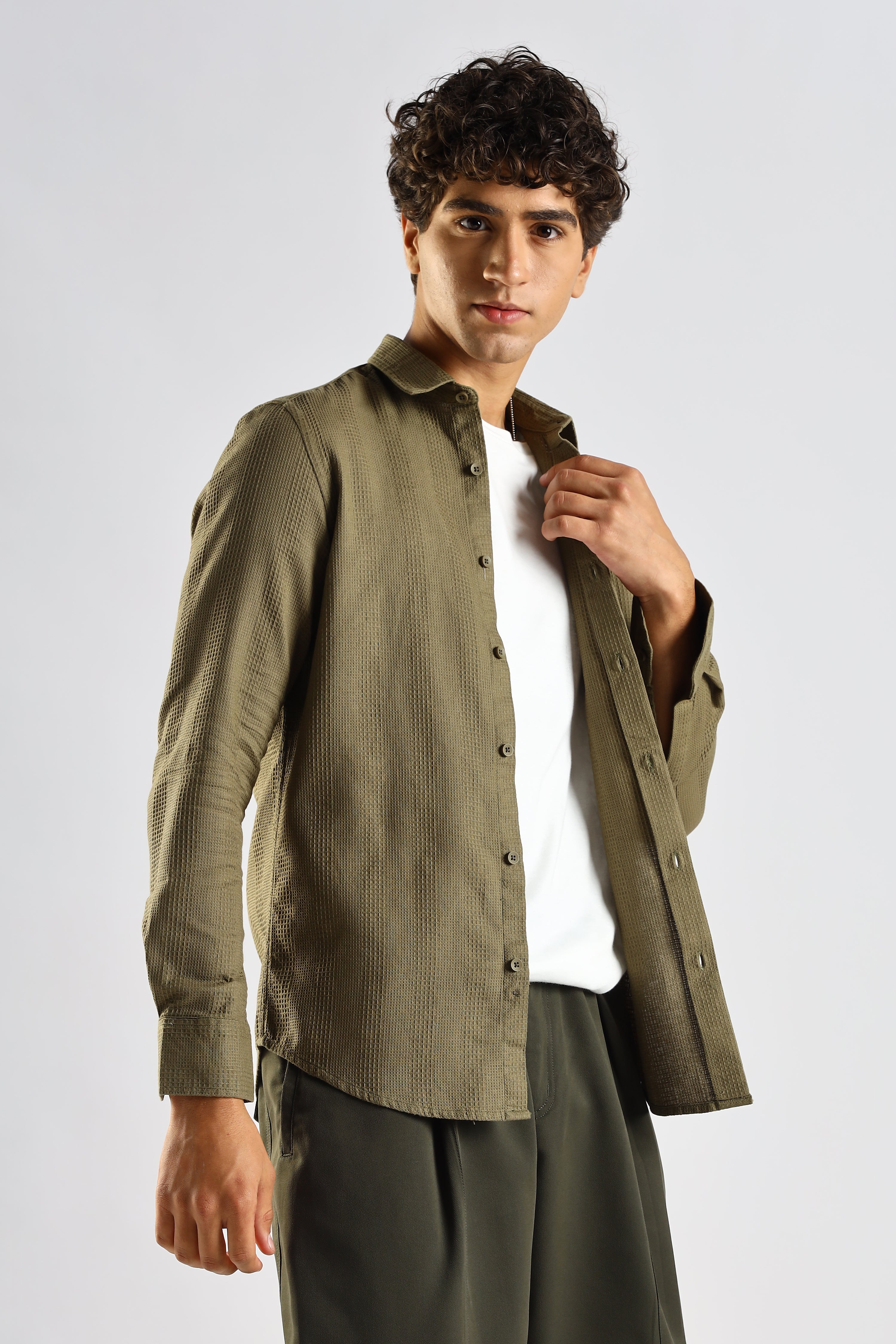 Men Green Textured Cotton Shirt
