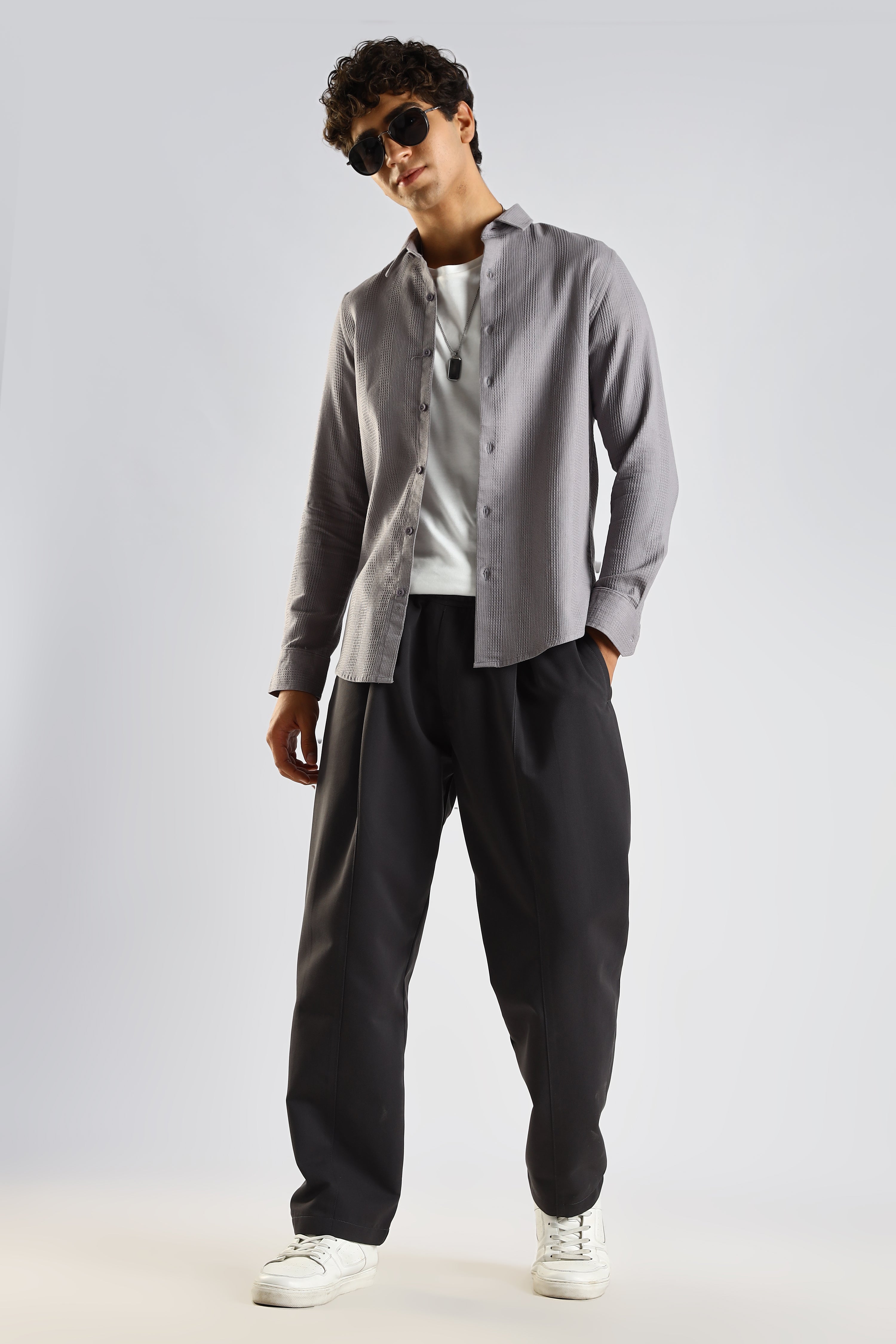 Men Grey Textured Cotton Shirt