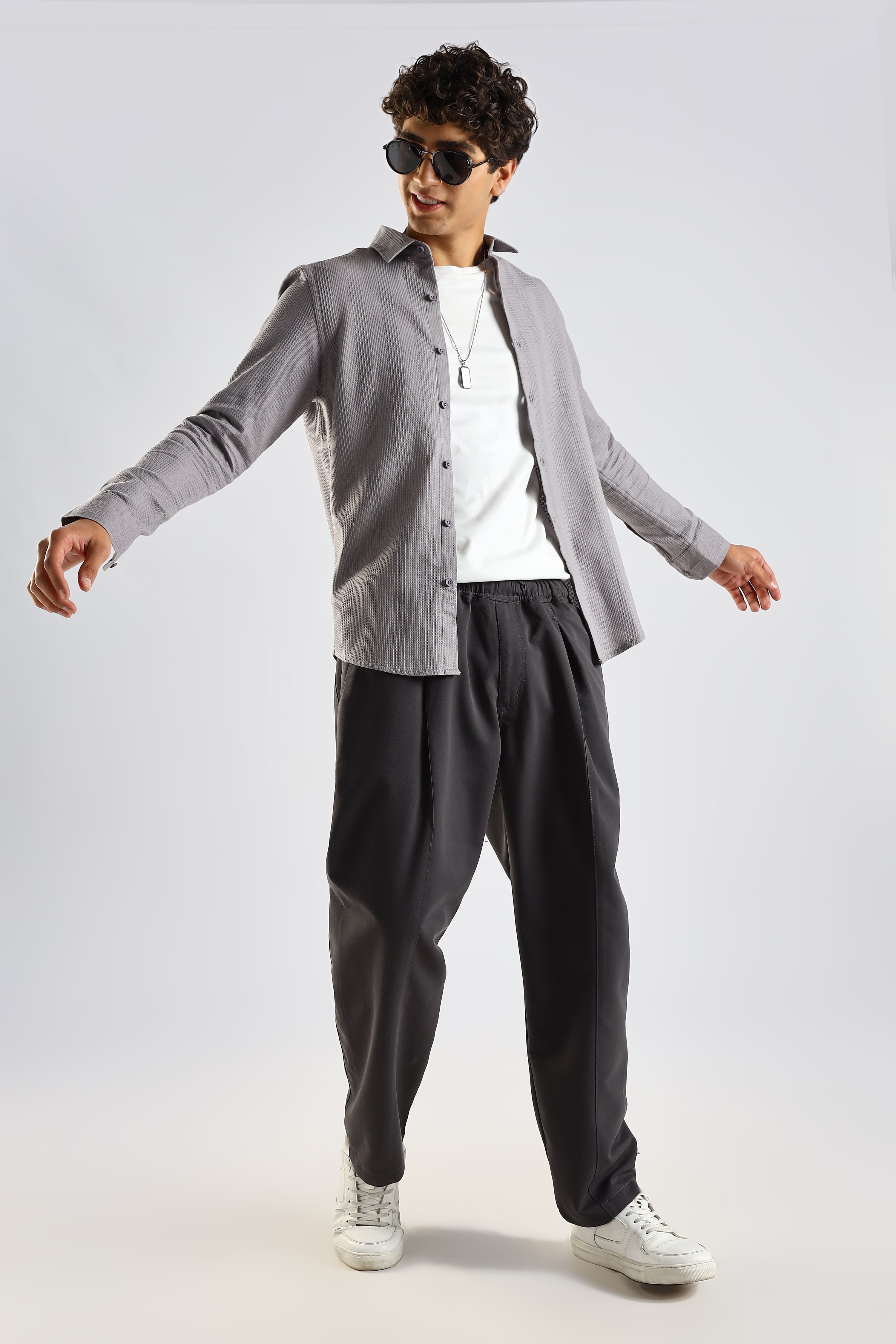 Men Grey Textured Cotton Shirt