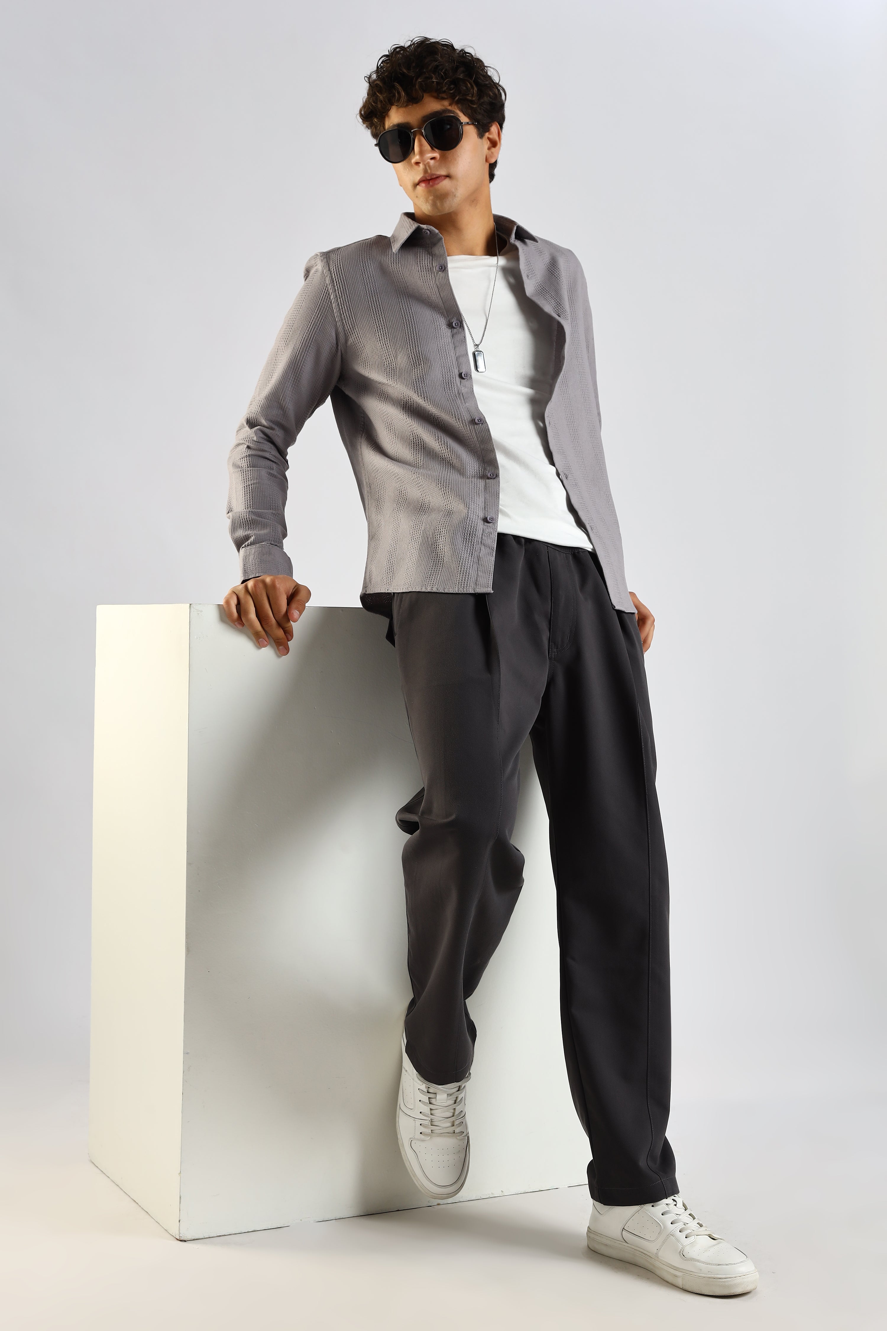 Men Grey Textured Cotton Shirt