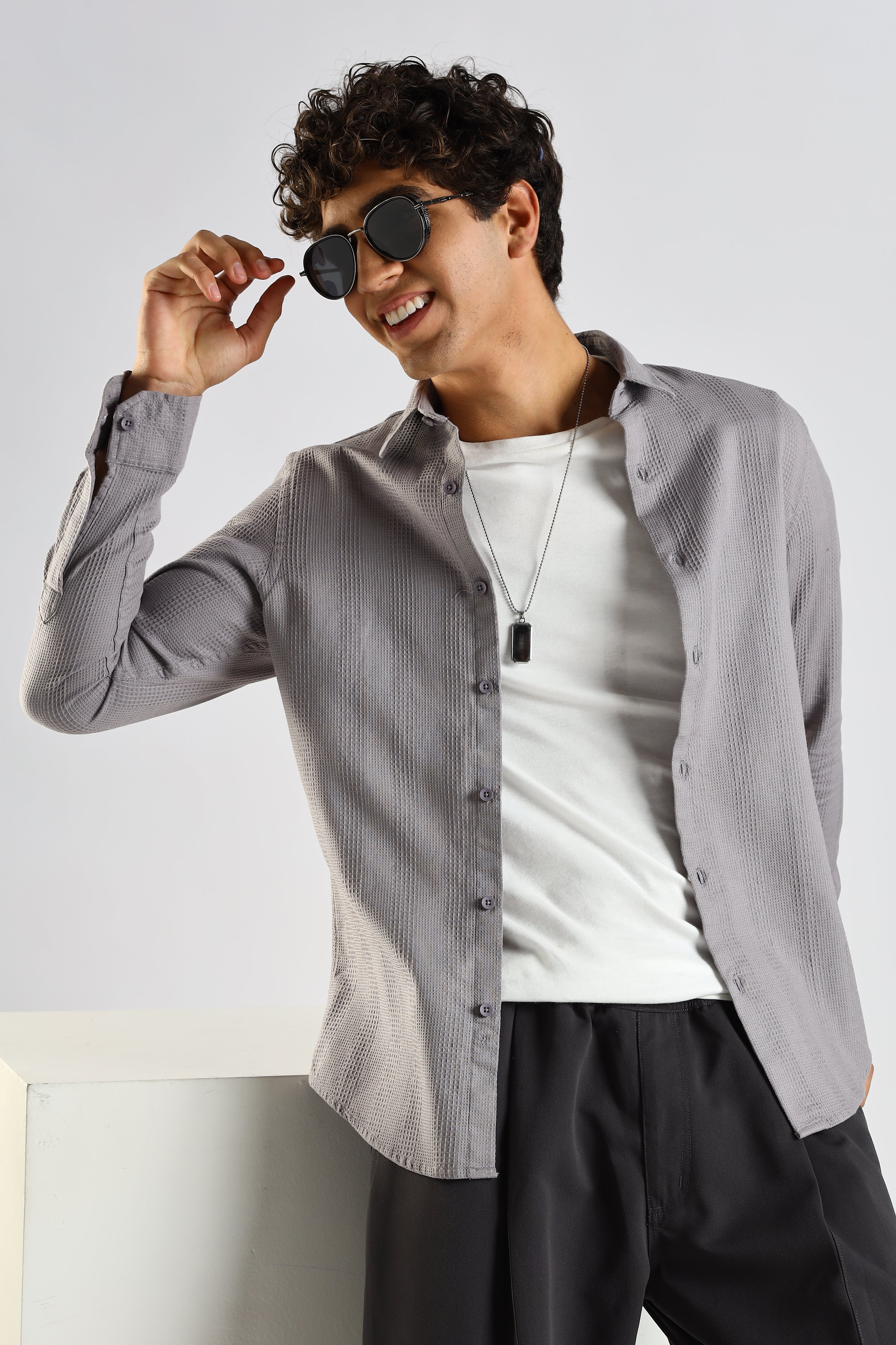 Men Grey Textured Cotton Shirt