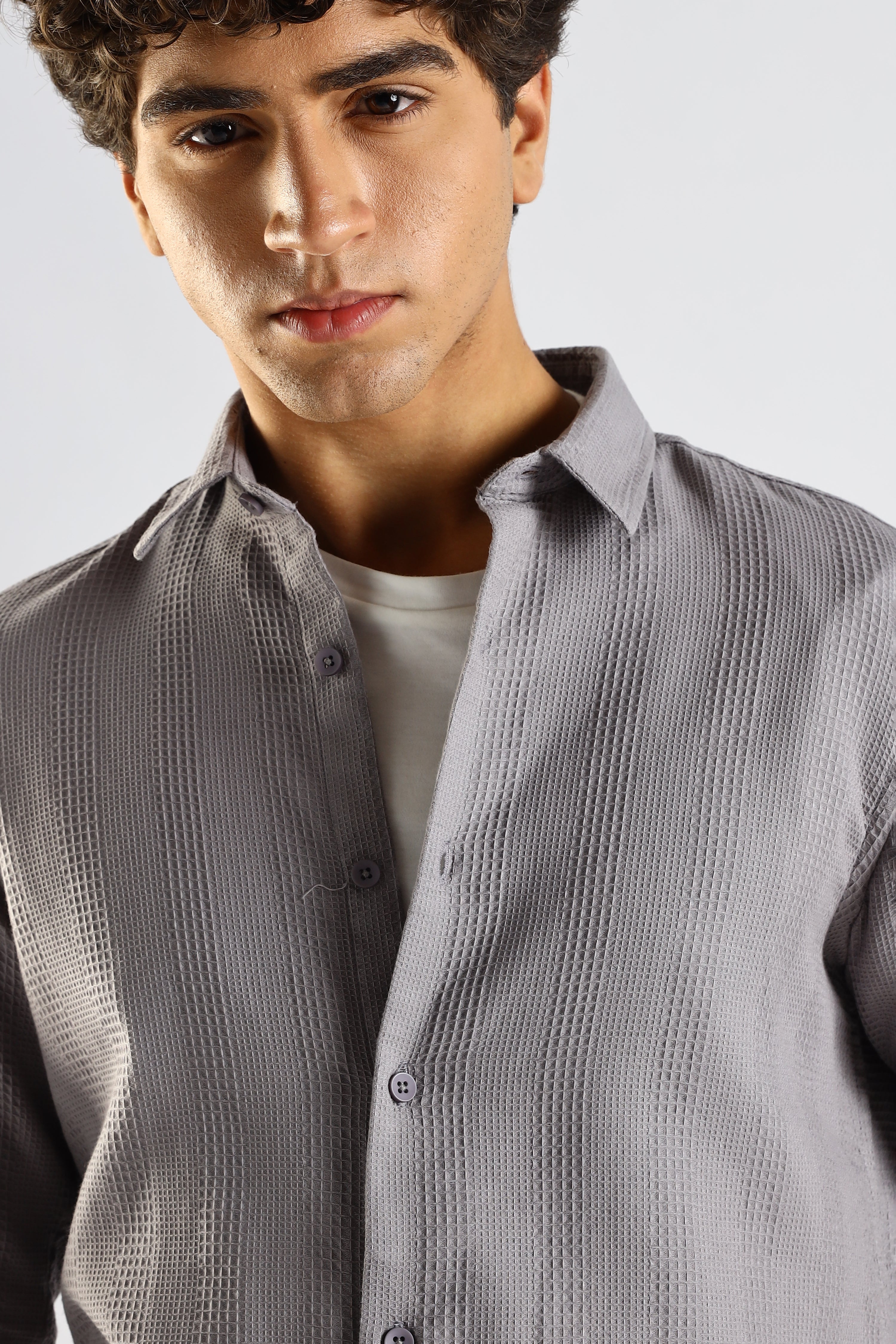Men Grey Textured Cotton Shirt