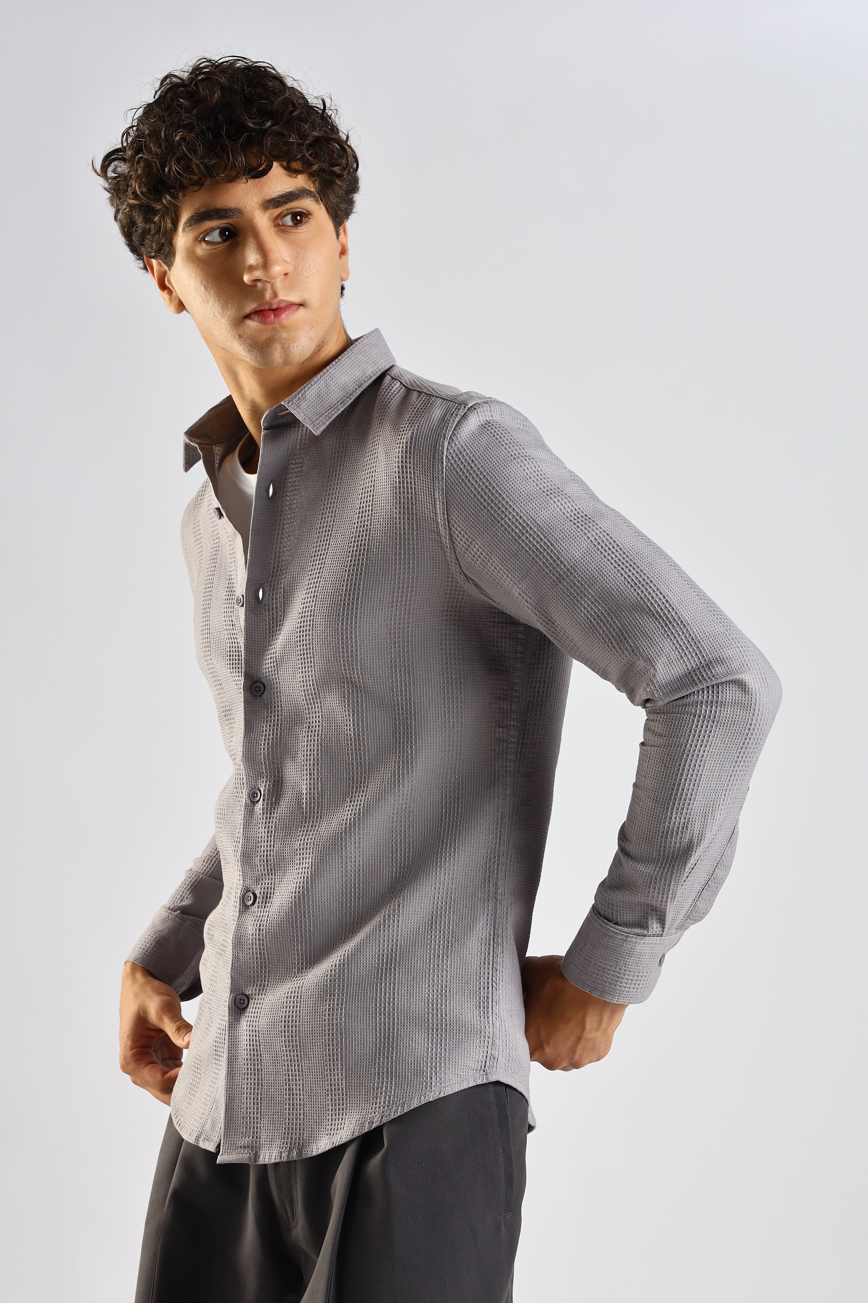 Men Grey Textured Cotton Shirt