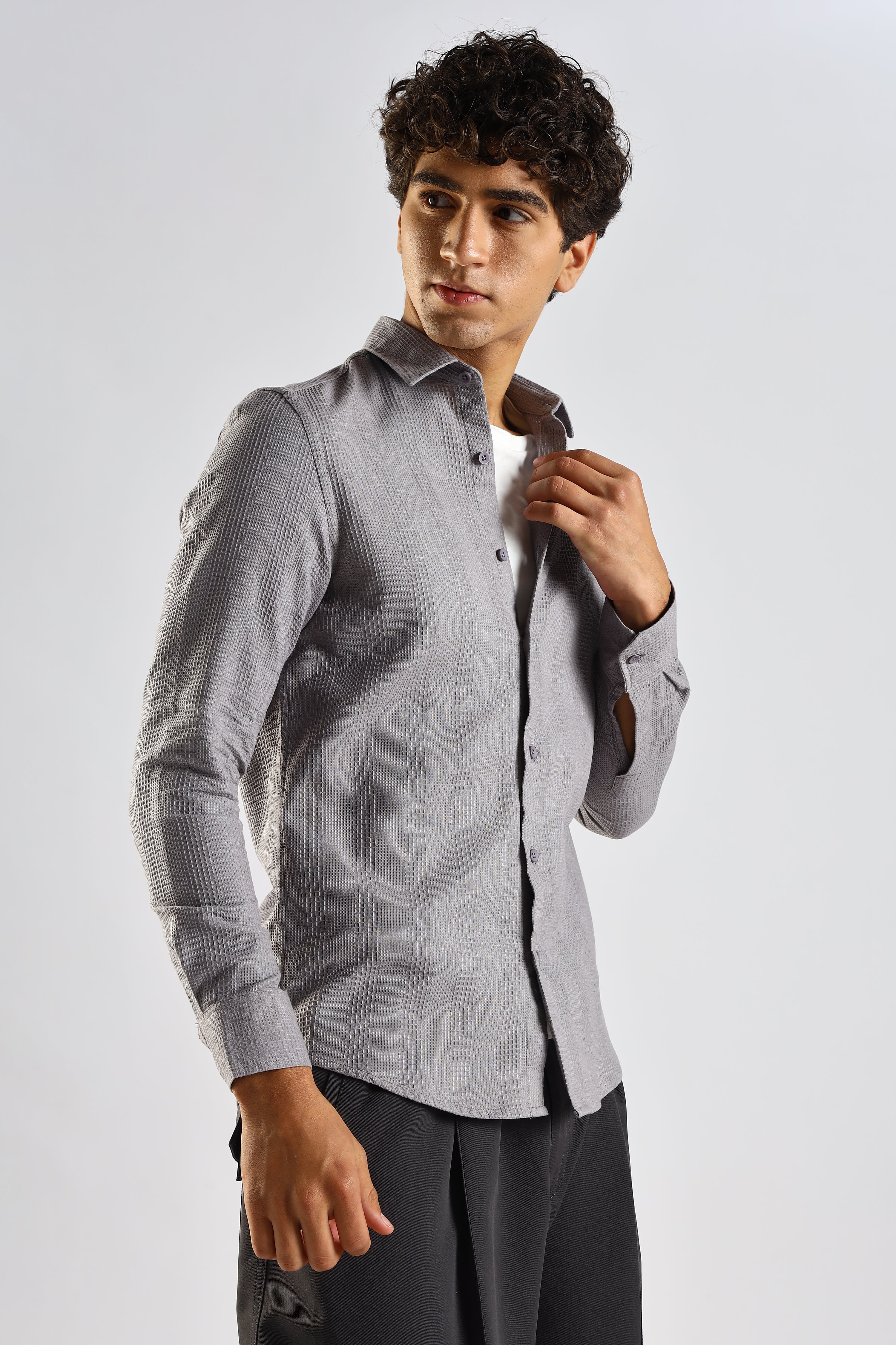 Men Grey Textured Cotton Shirt