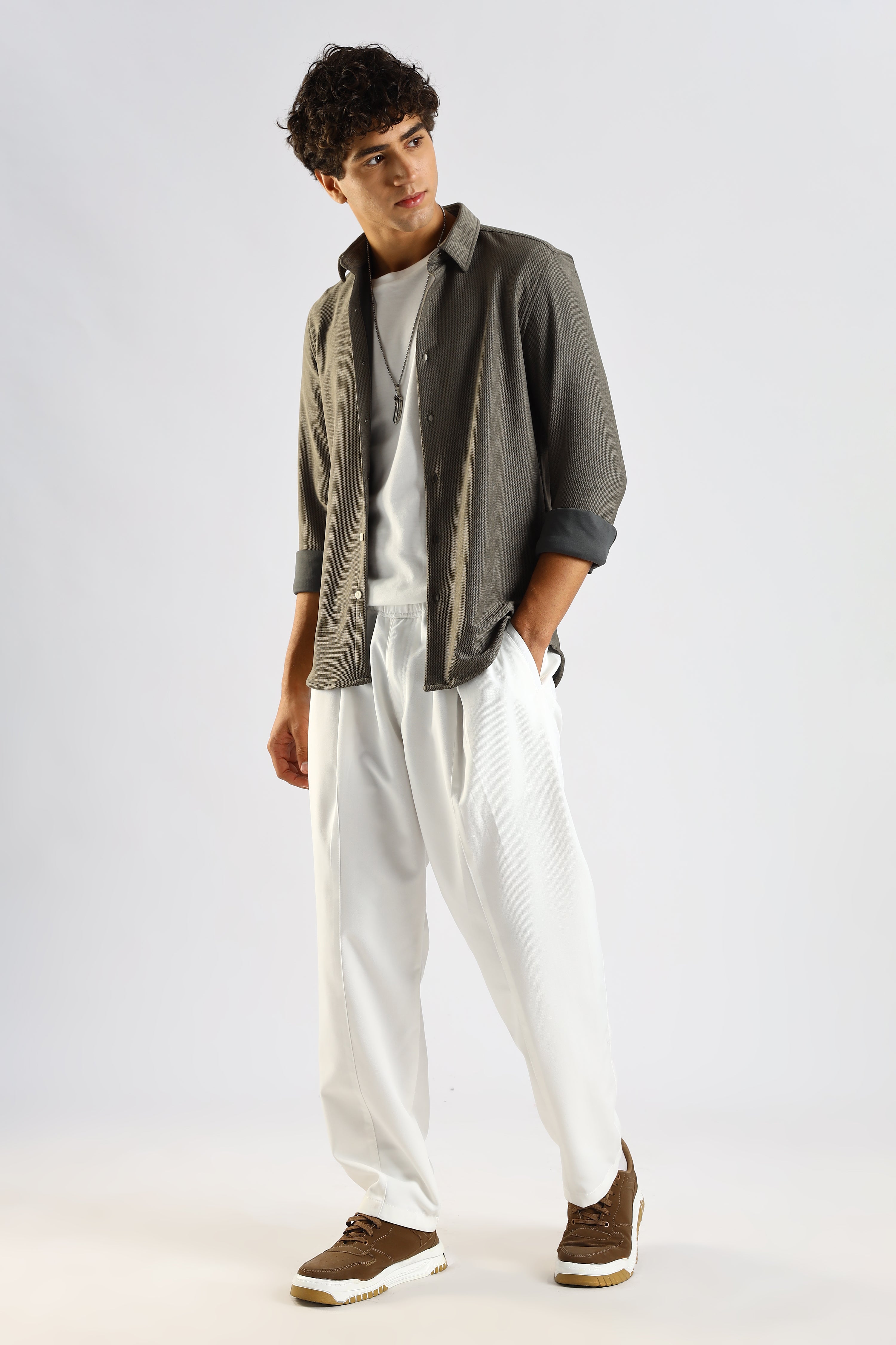 Men Olive Textured Spread Collar Shirt