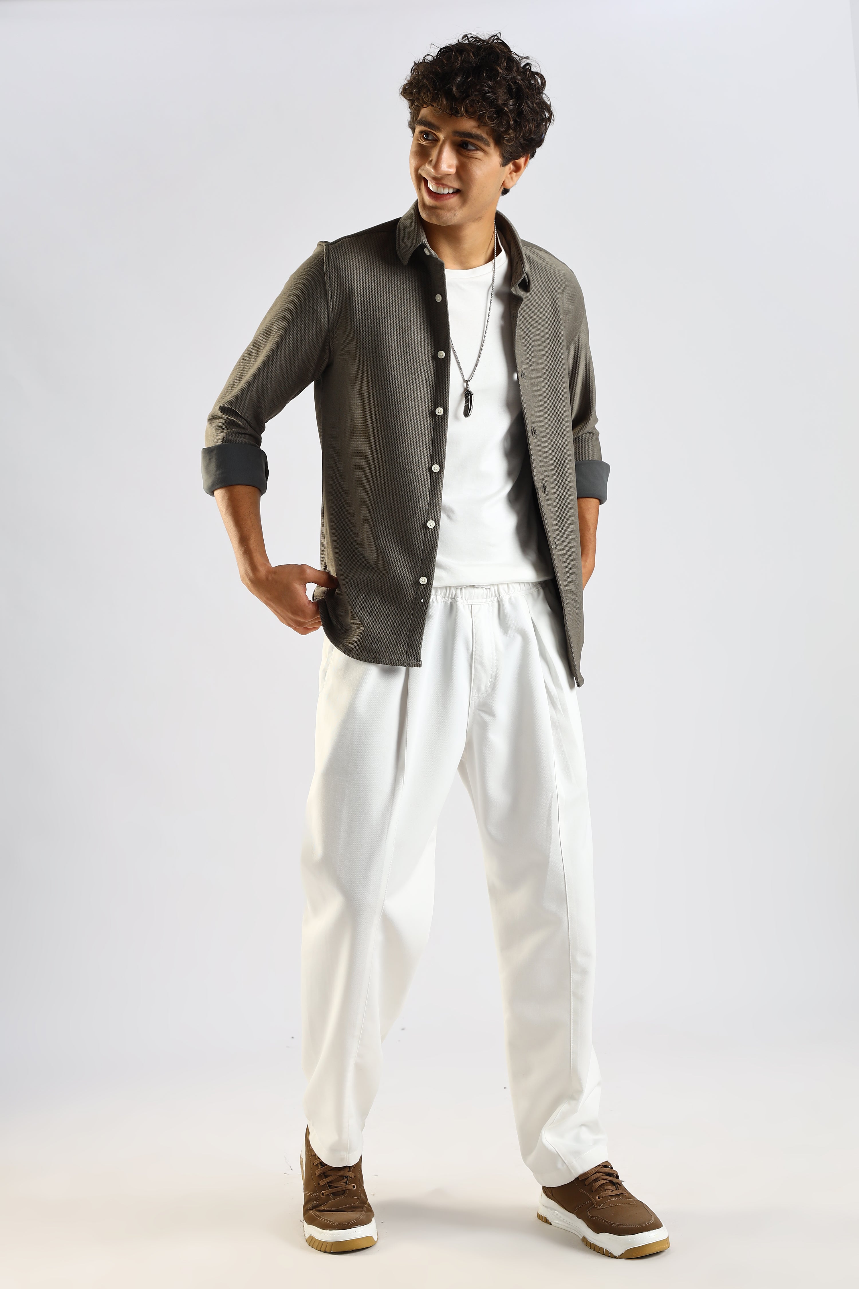 Men Olive Textured Spread Collar Shirt