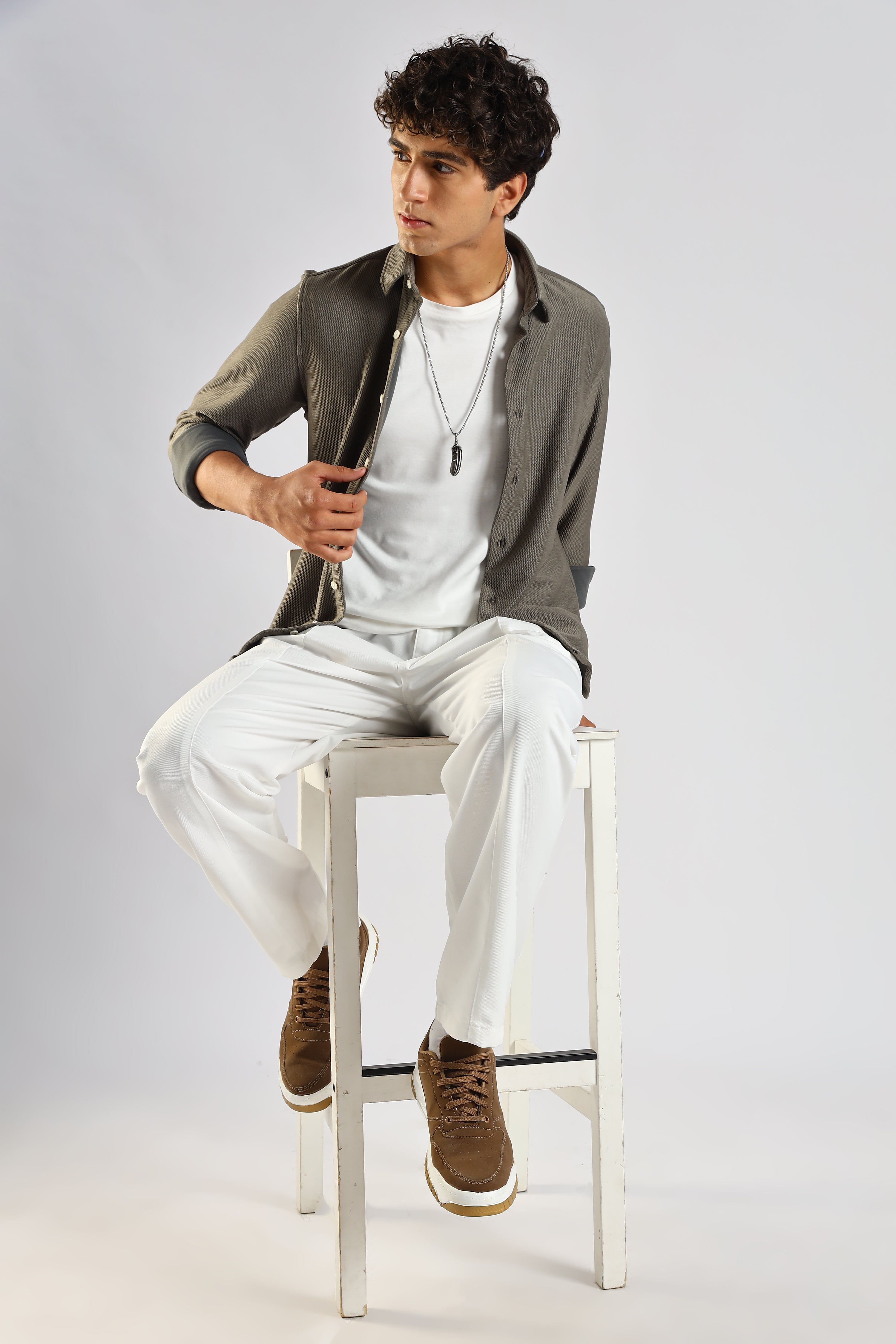 Men Olive Textured Spread Collar Shirt
