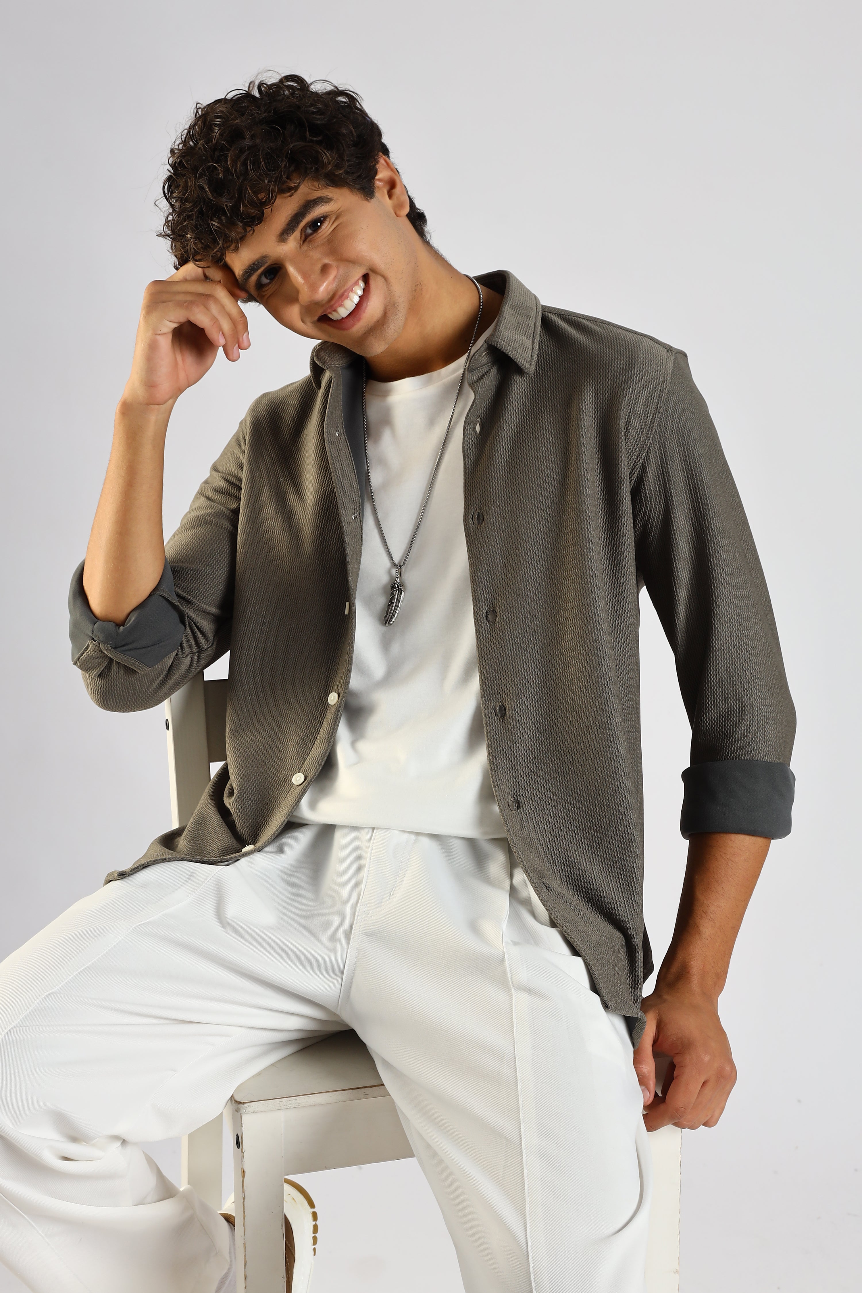 Men Olive Textured Spread Collar Shirt
