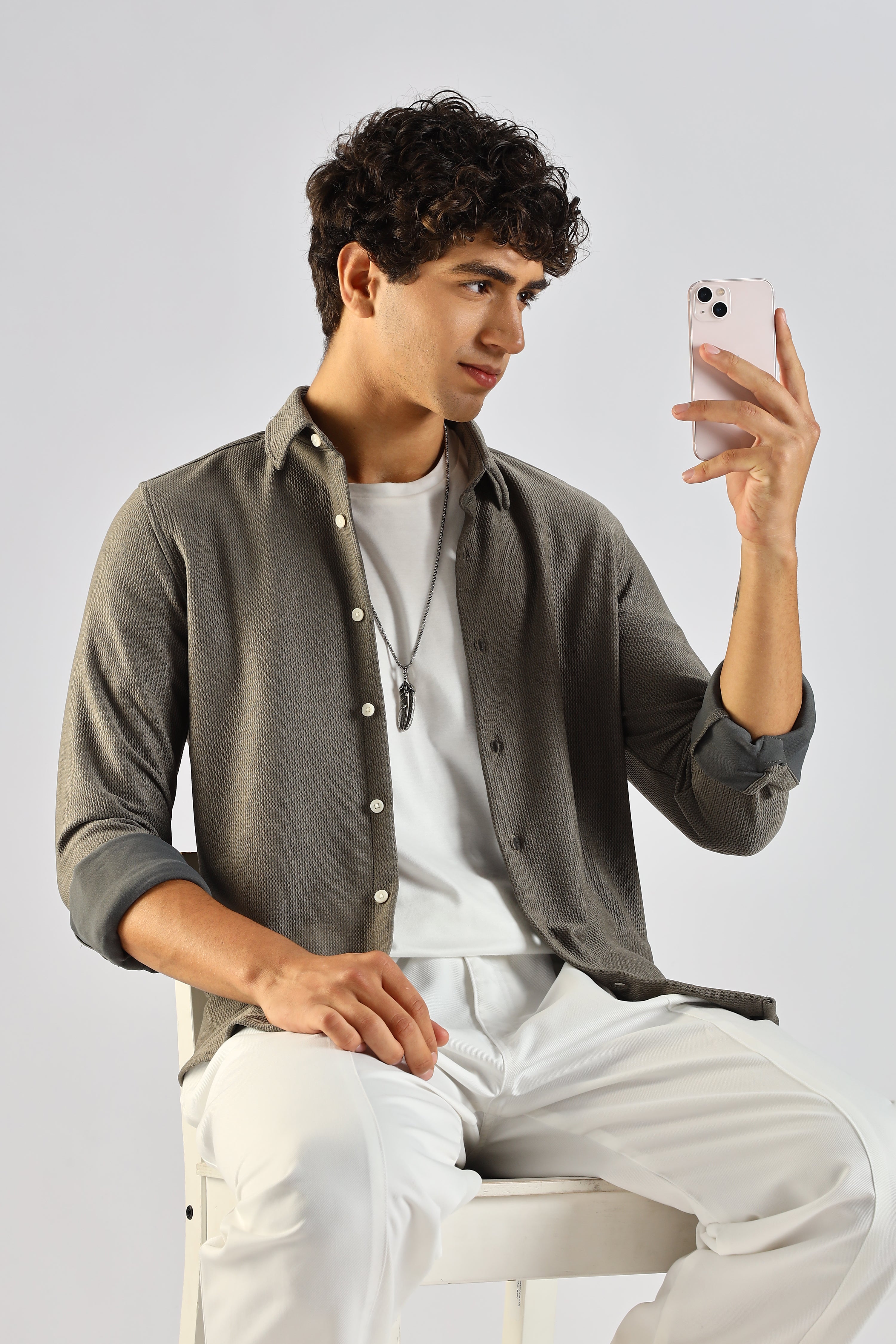 Men Olive Textured Spread Collar Shirt