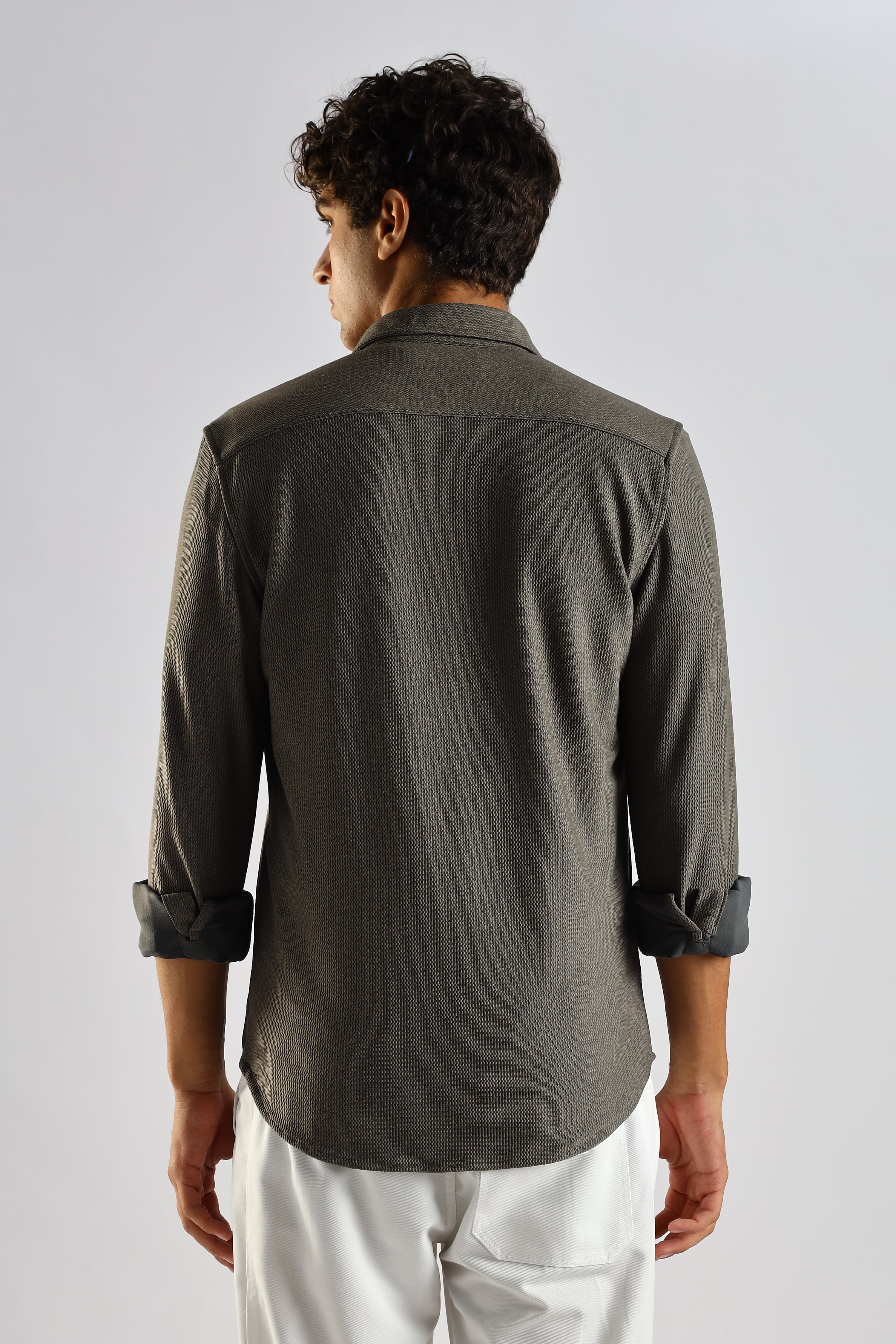 Men Olive Textured Spread Collar Shirt