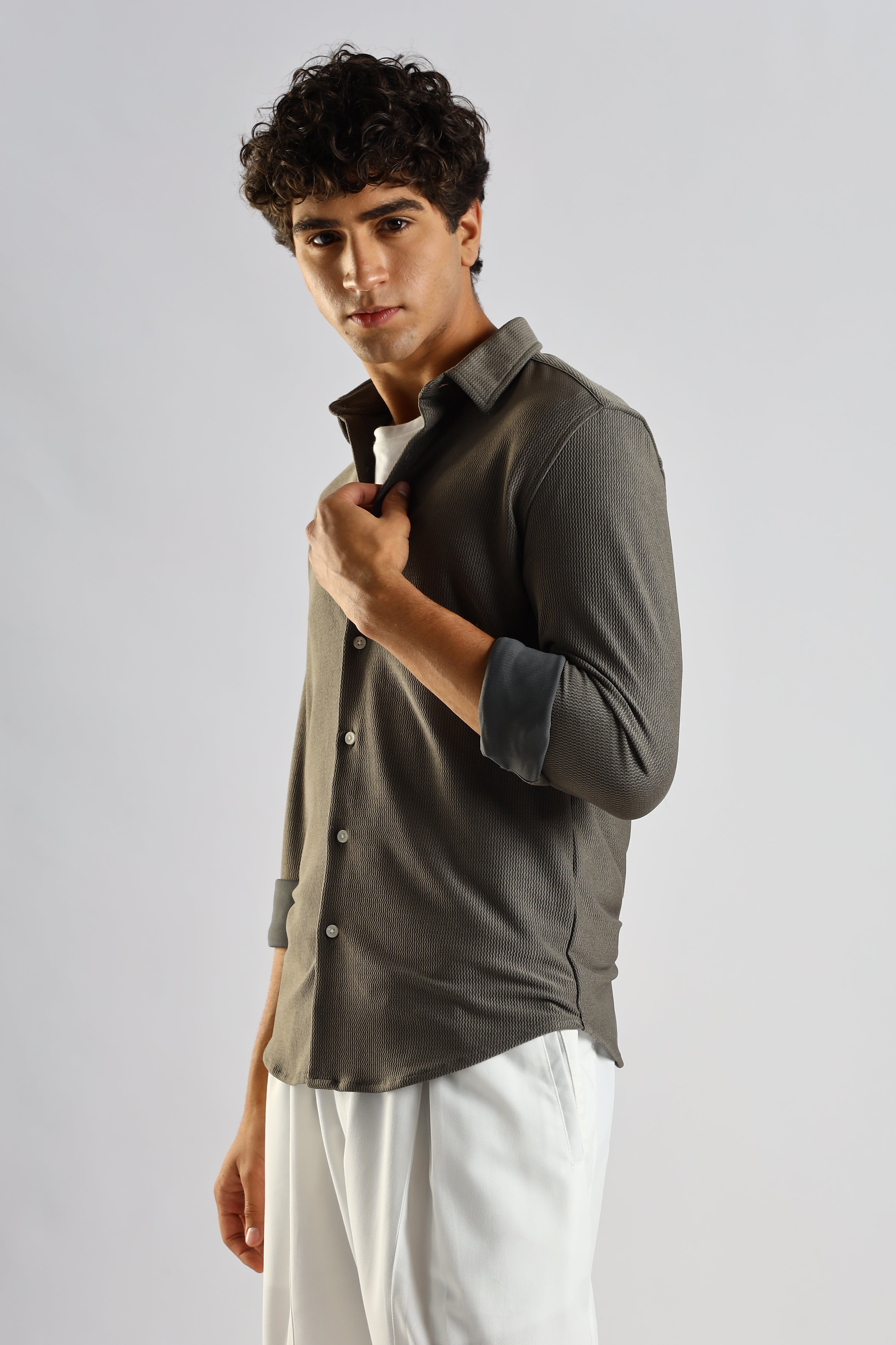 Men Olive Textured Spread Collar Shirt
