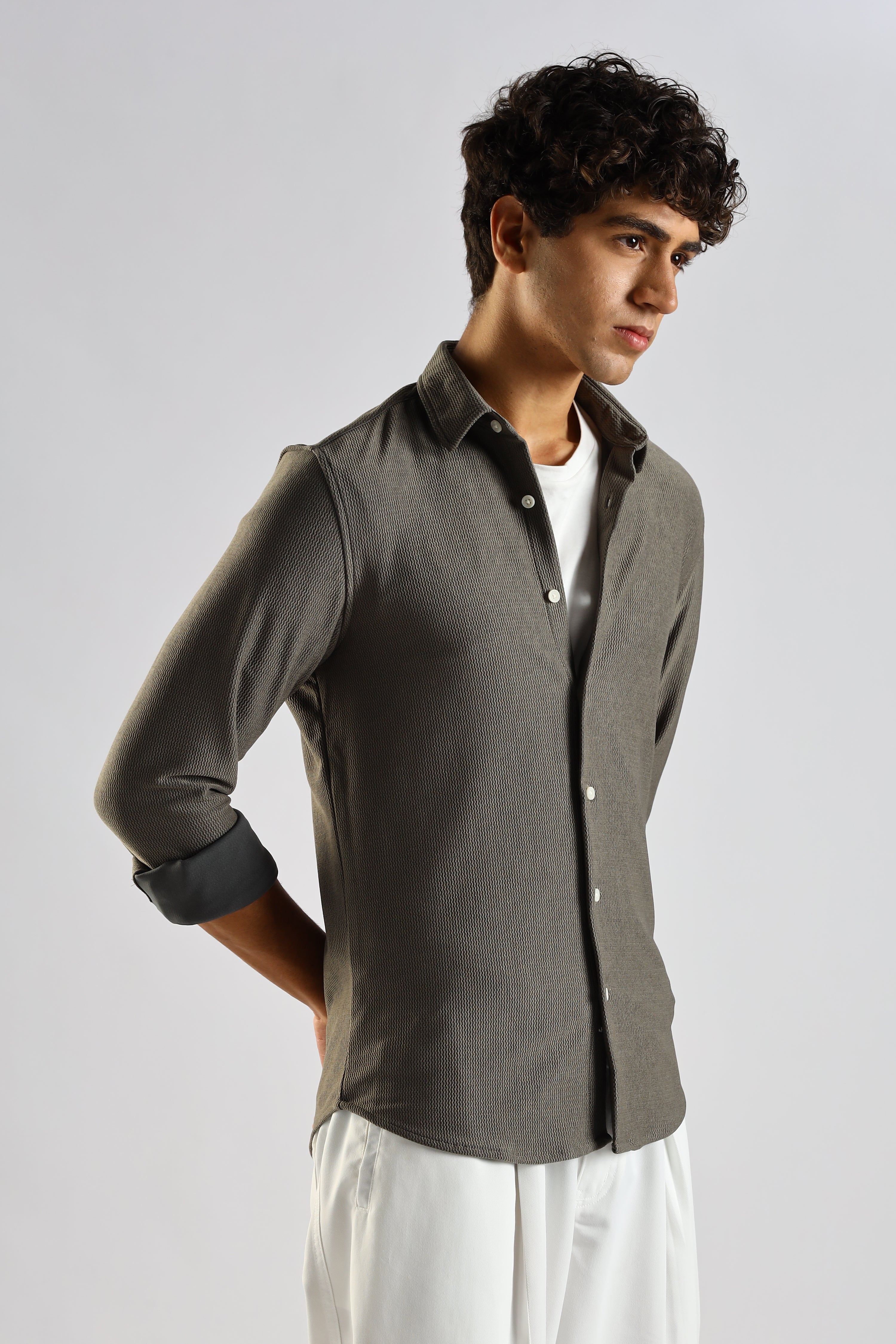 Men Olive Textured Spread Collar Shirt