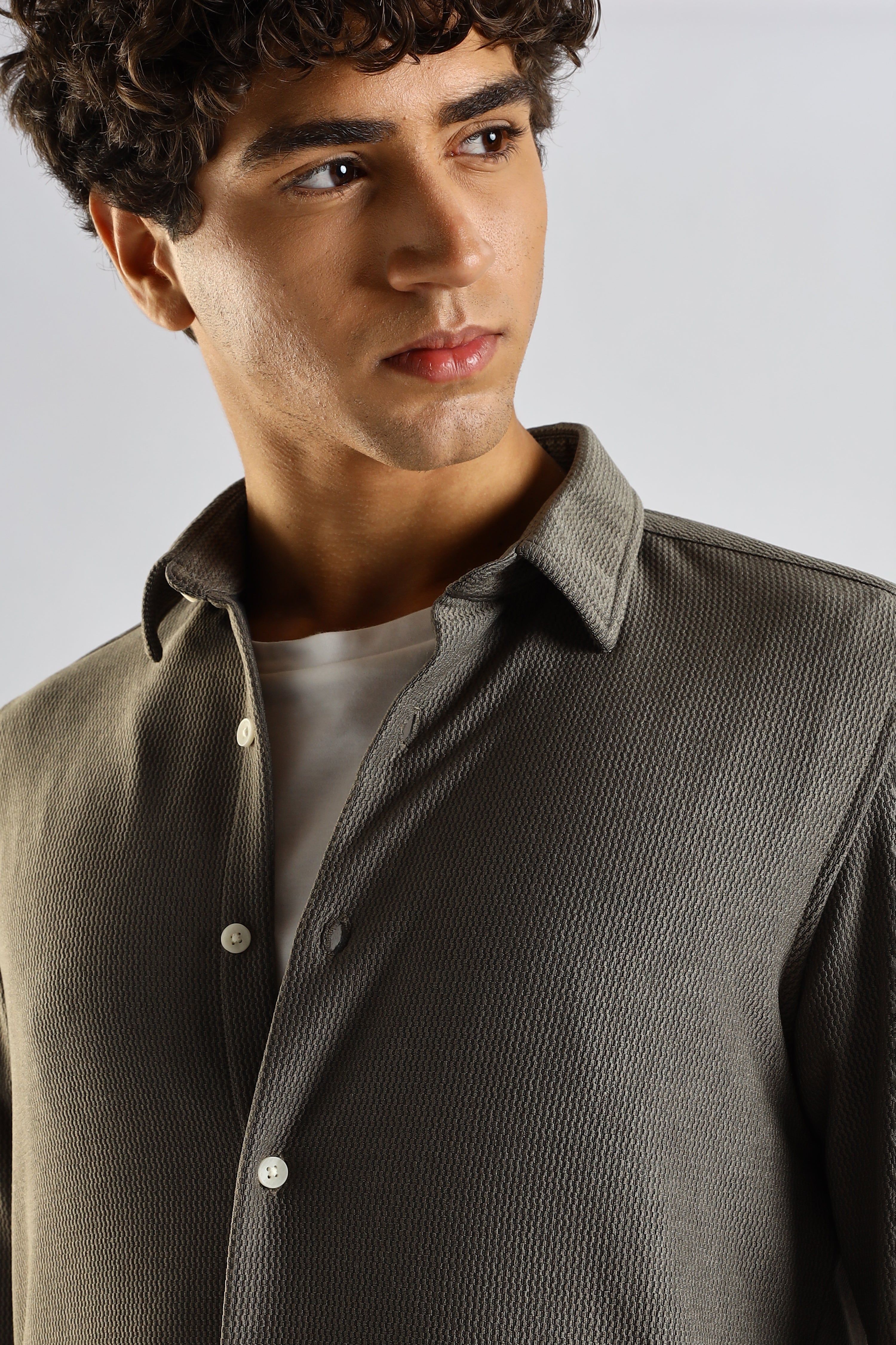 Men Olive Textured Spread Collar Shirt