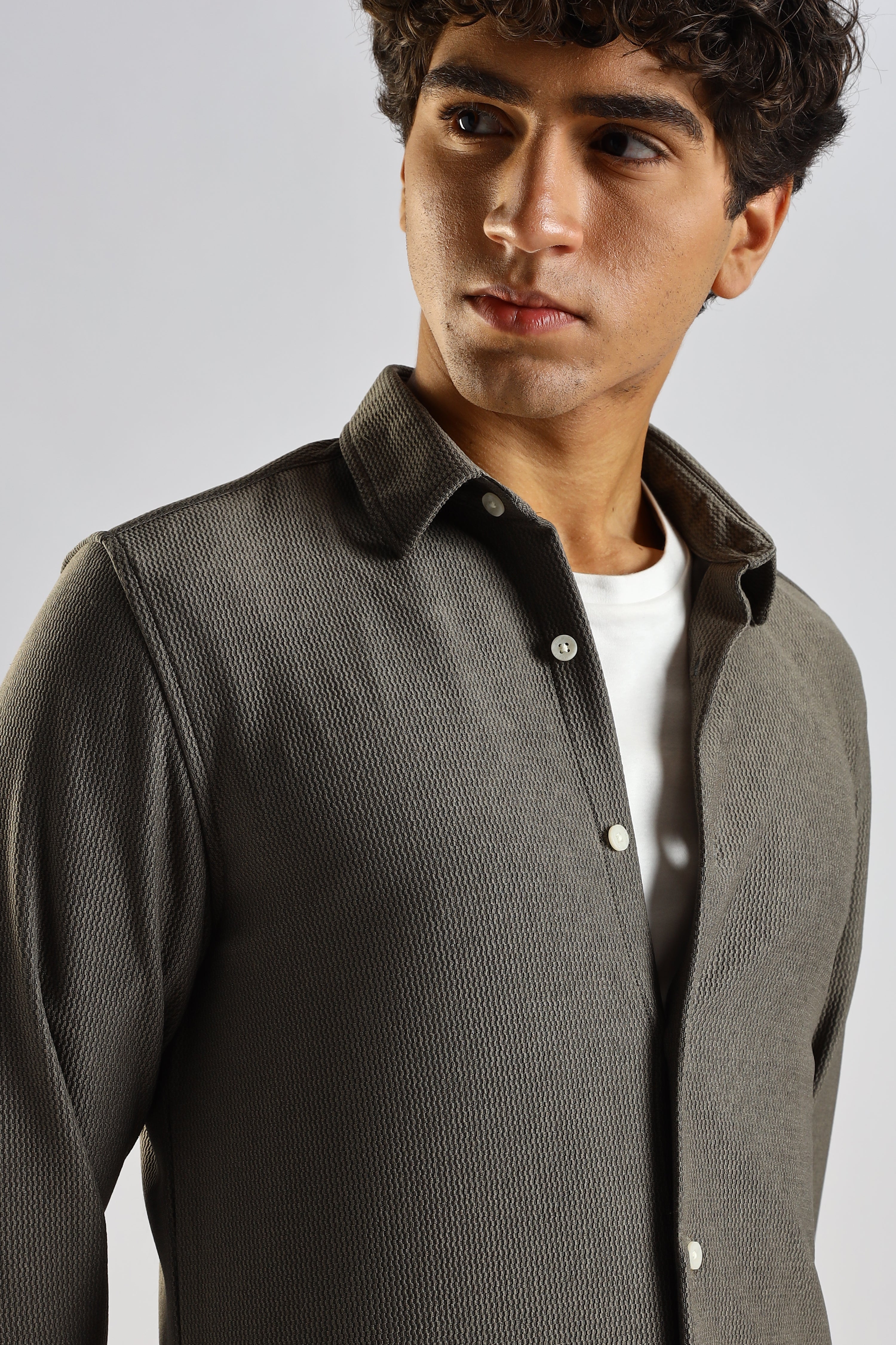 Men Olive Textured Spread Collar Shirt