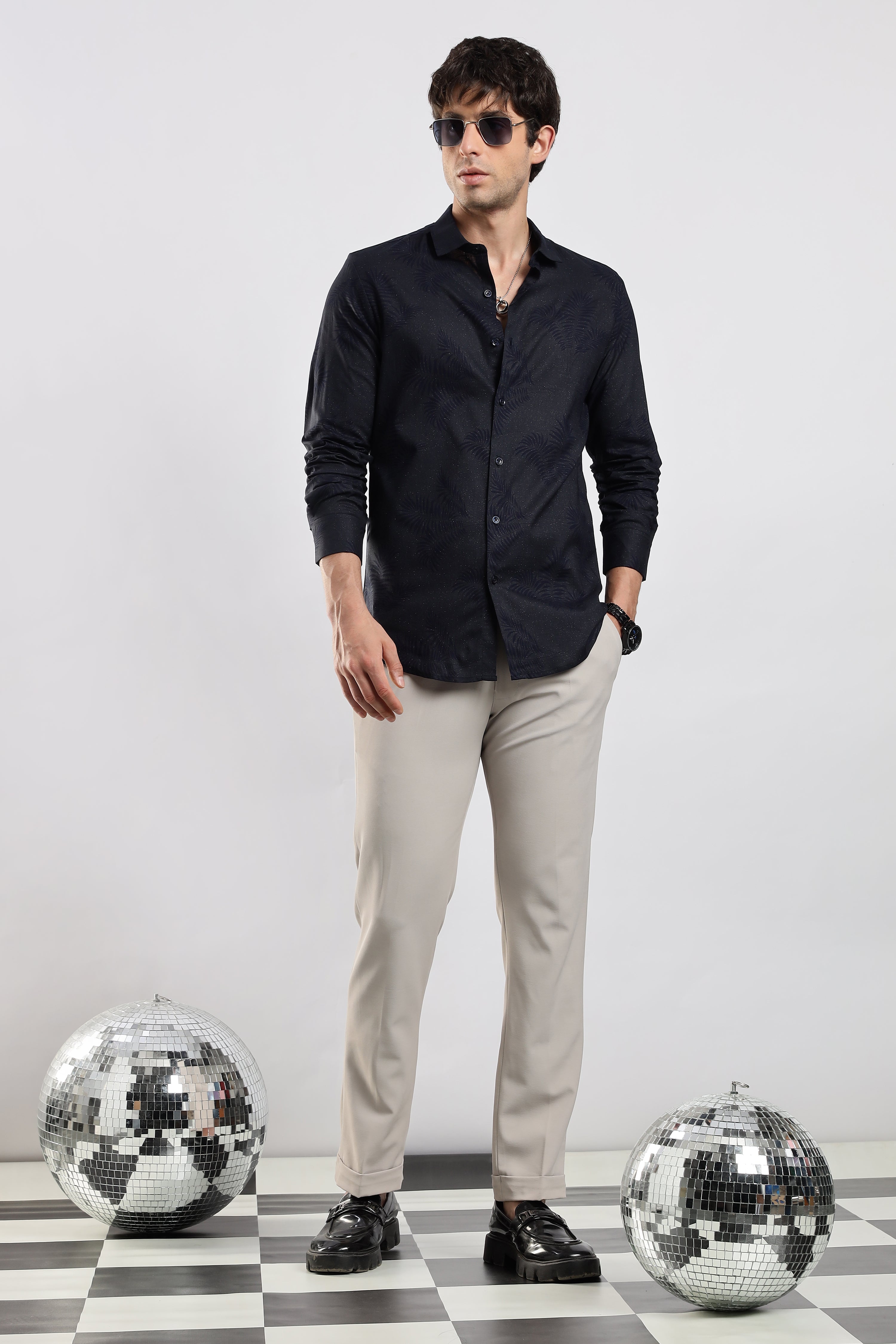 Men Navy Blue Glitter print festive wear