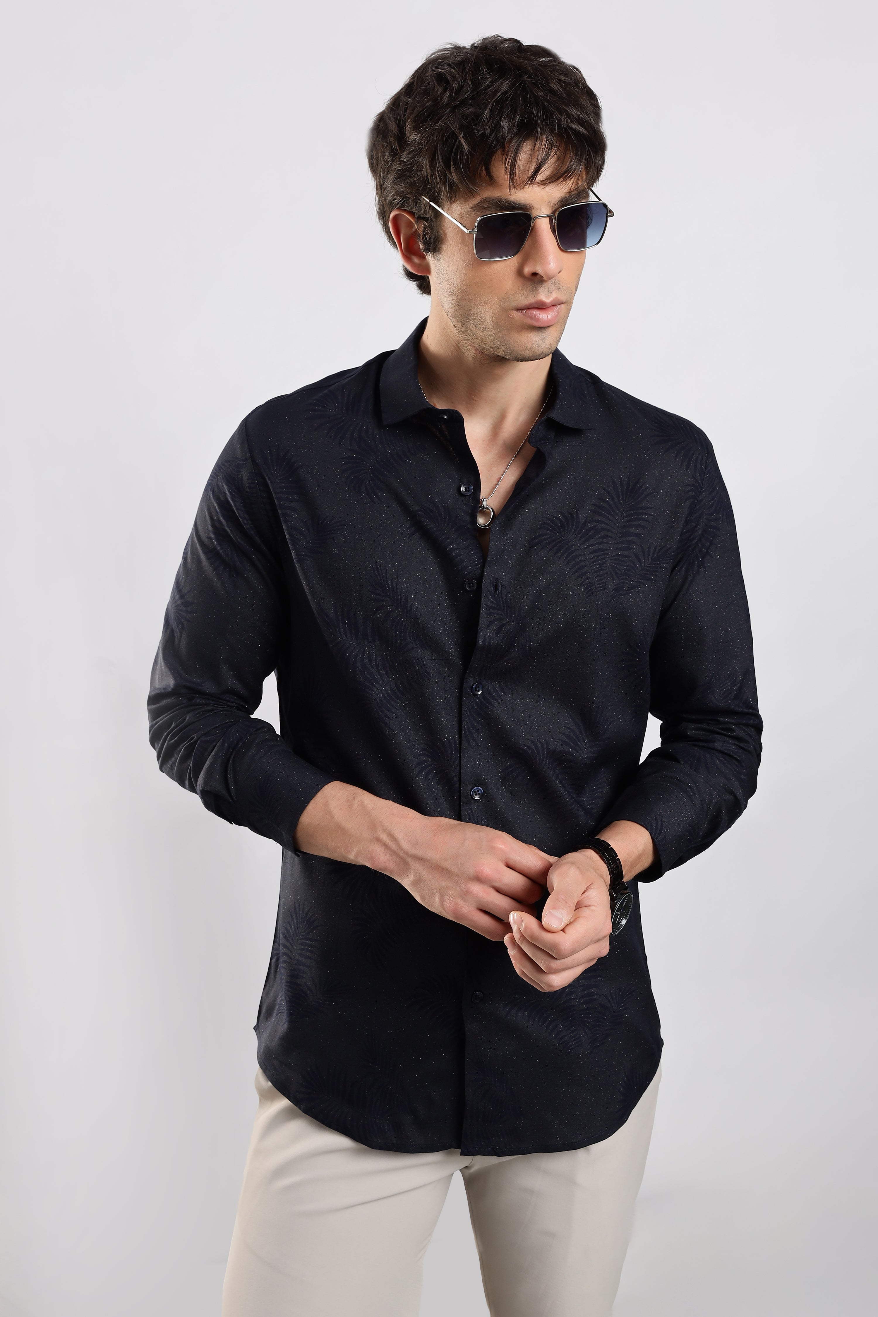 Men Navy Blue Glitter print festive wear