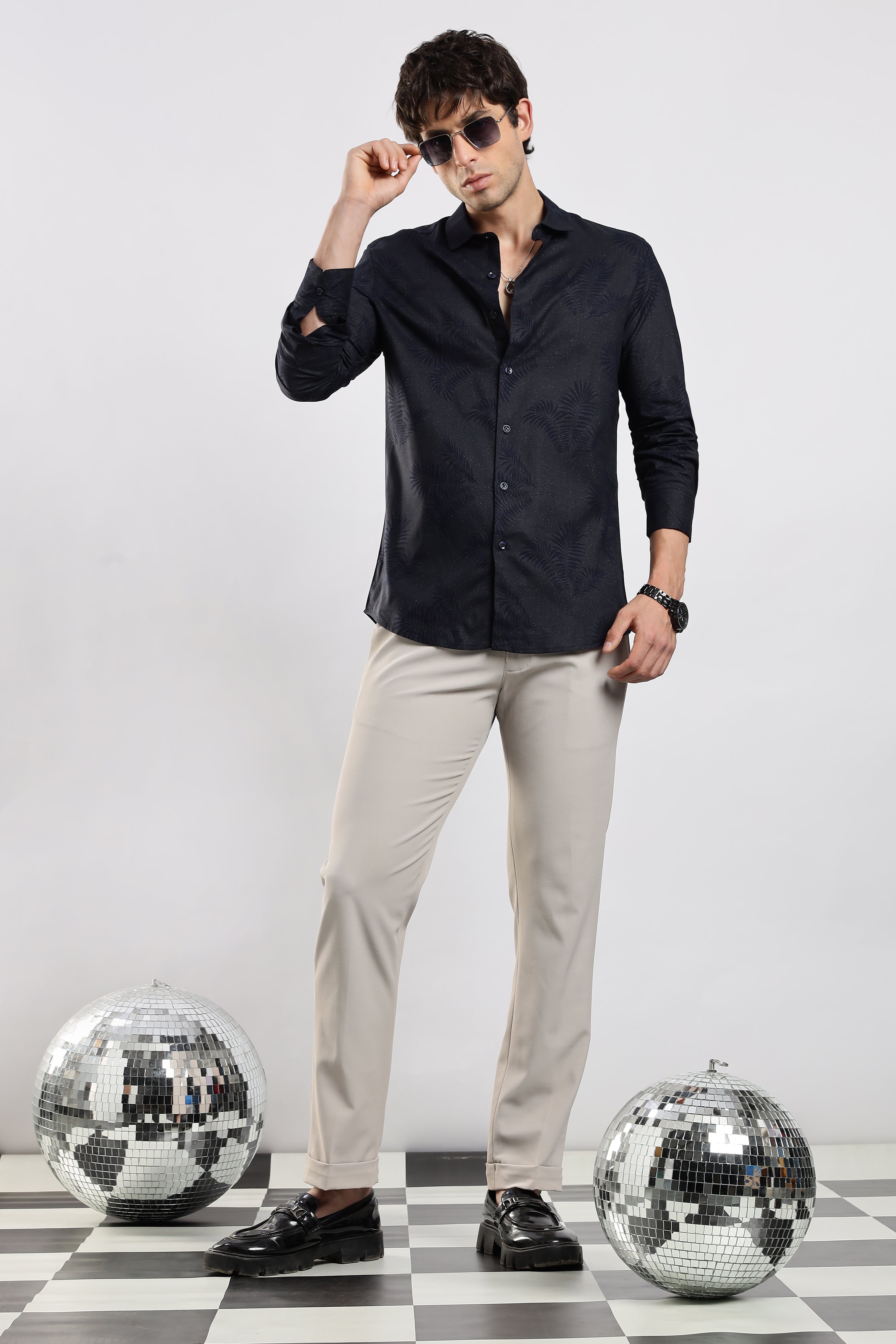 Men Navy Blue Glitter print festive wear