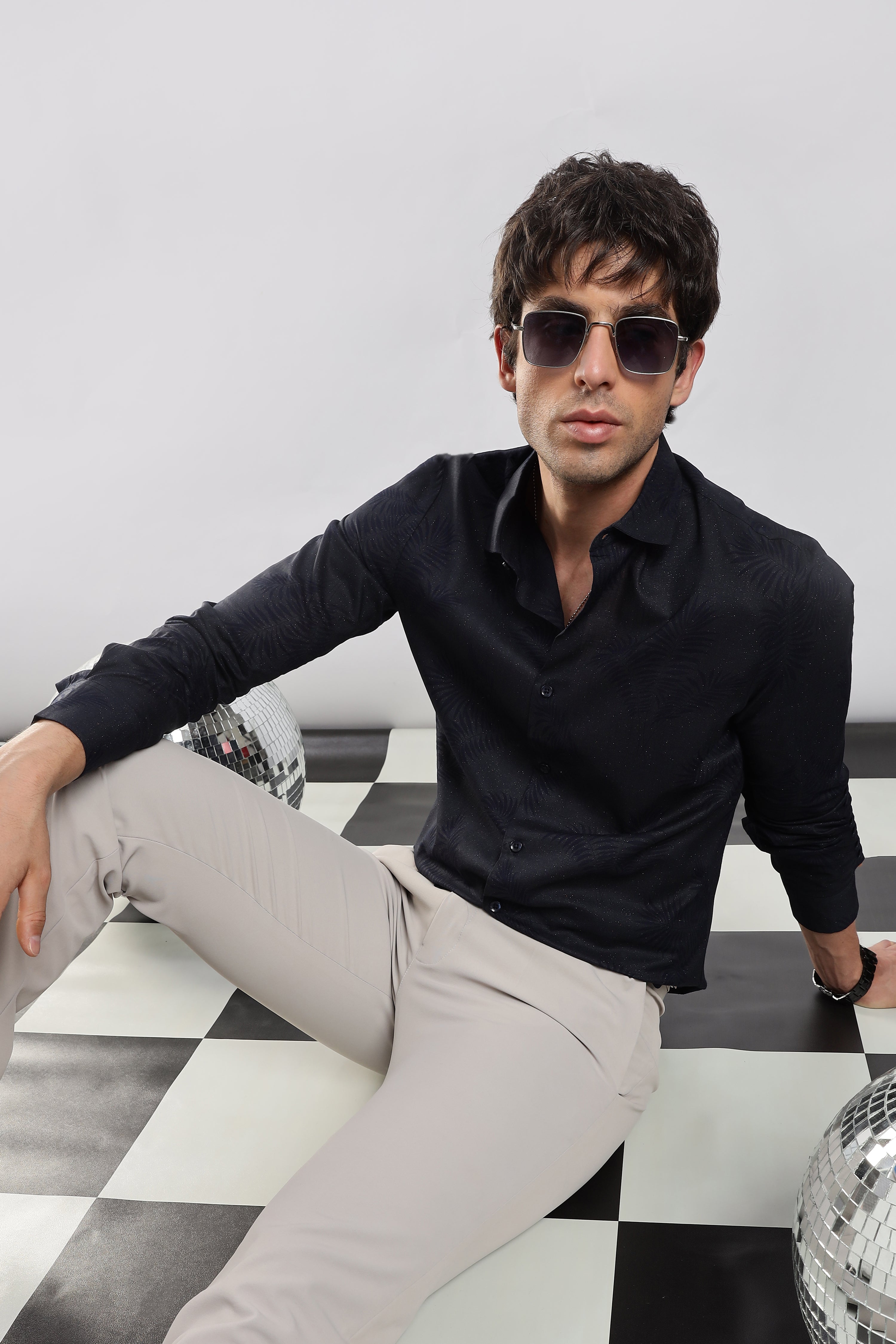 Men Navy Blue Glitter print festive wear