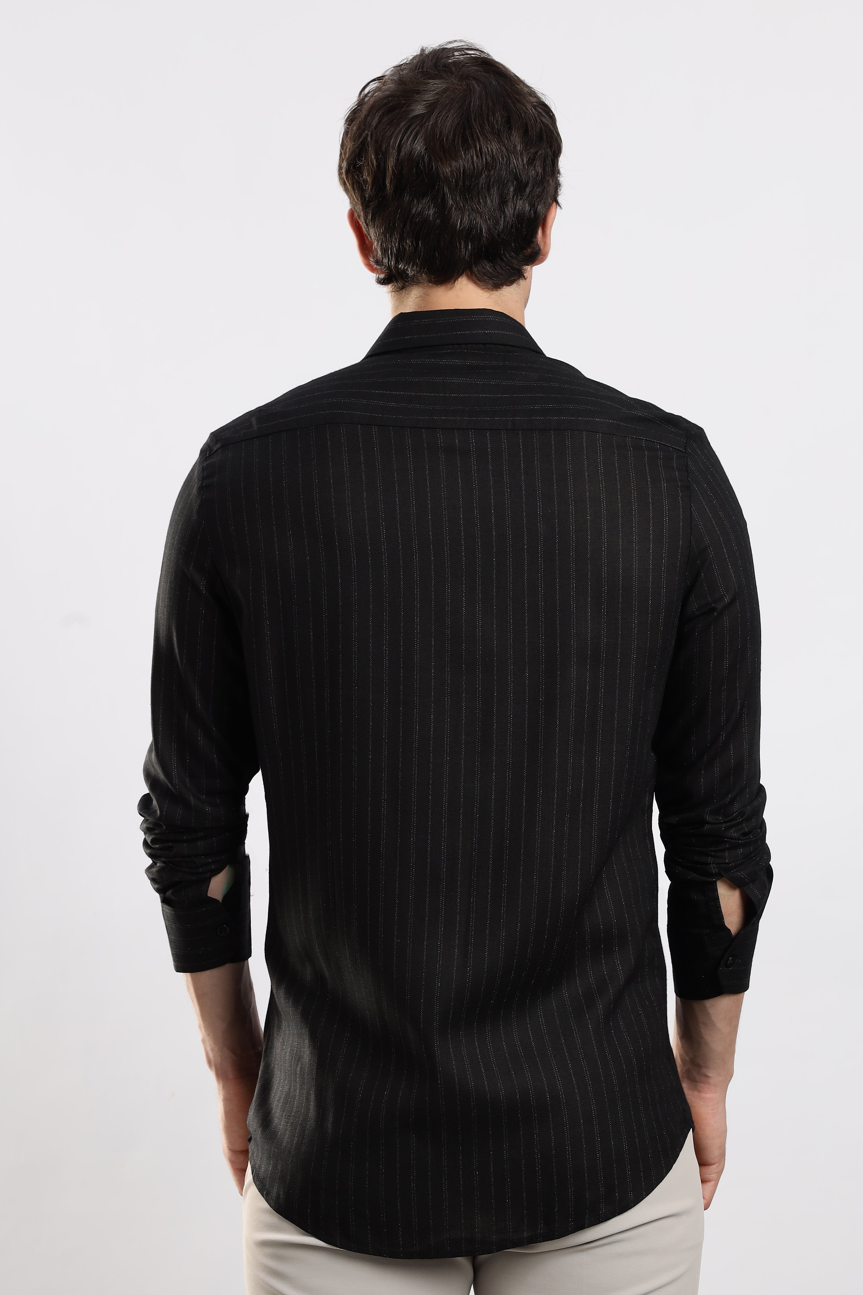 Men Black Cotton Slim Fit Striped Glitter Shirt