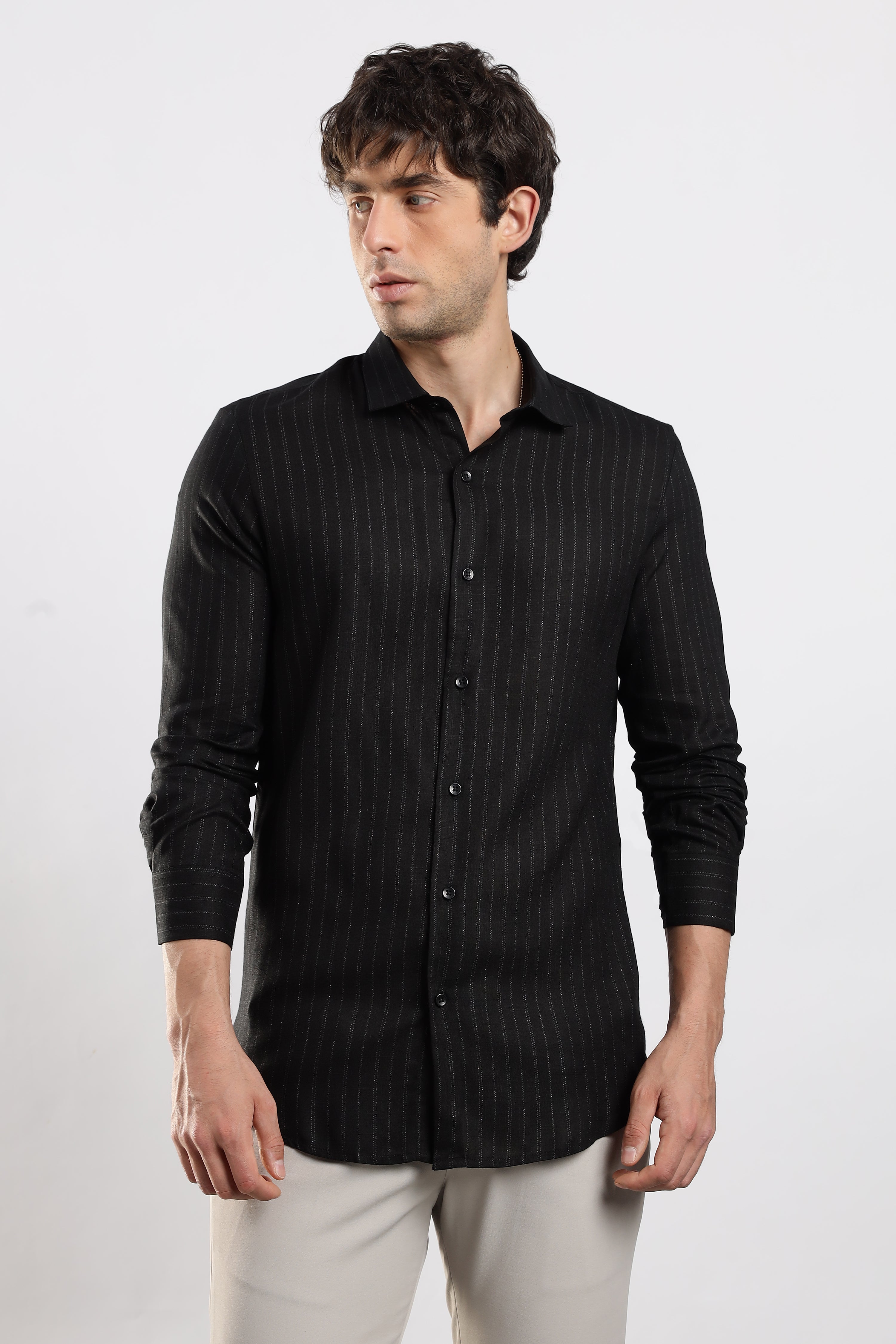 Men Black Cotton Slim Fit Striped Glitter Shirt