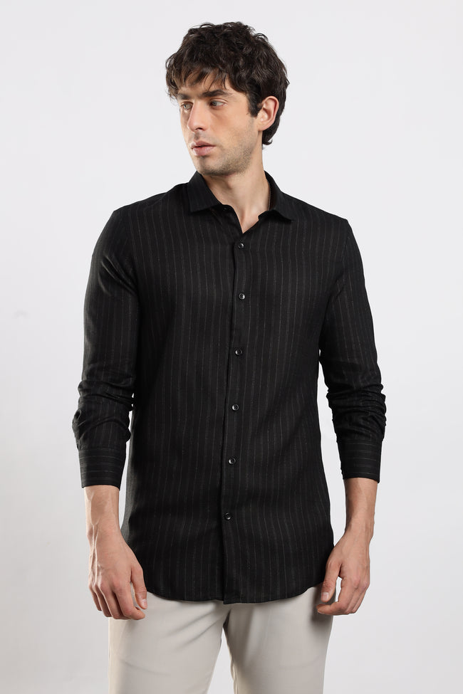 Men Black Cotton Slim Fit Striped Glitter Shirt