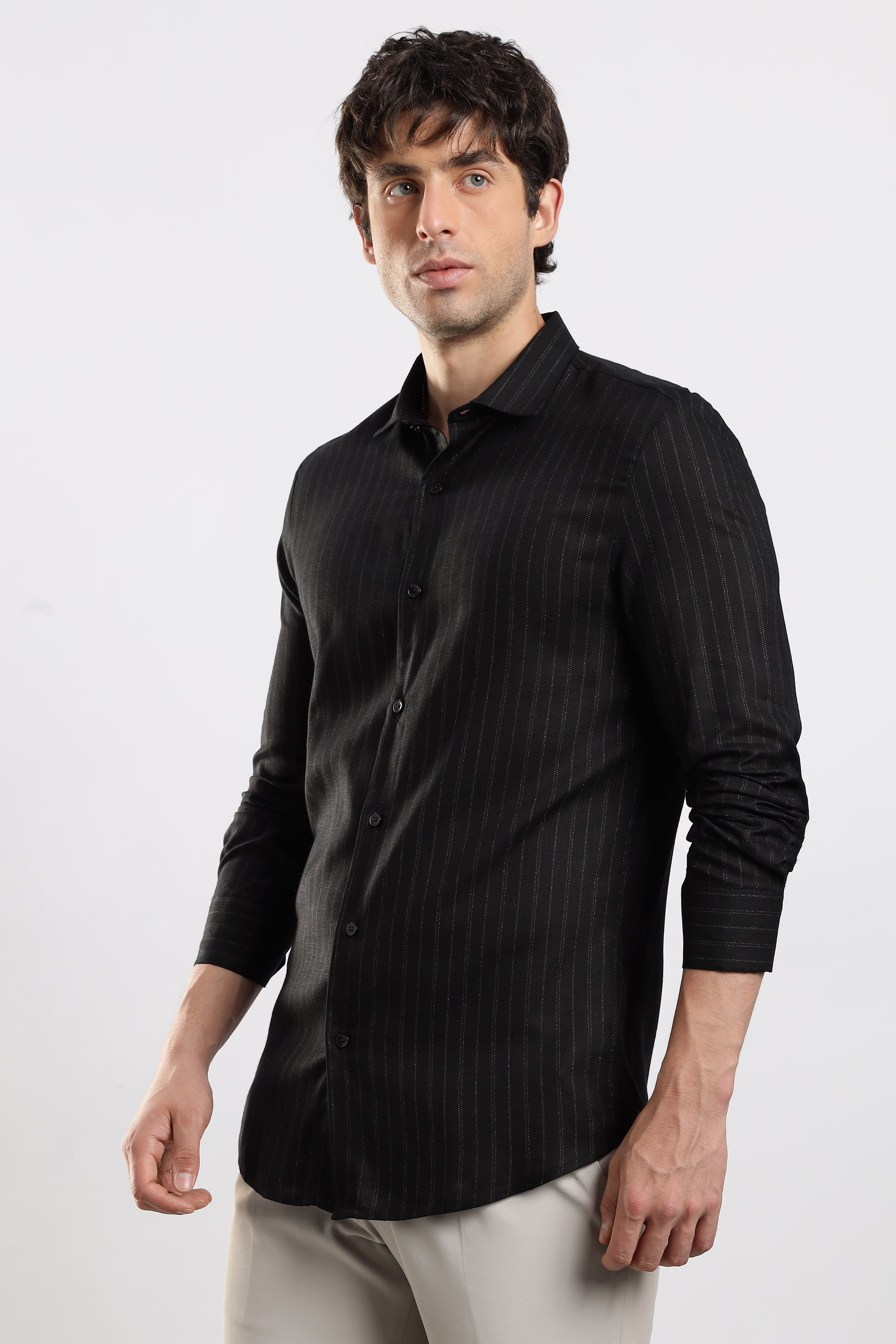 Men Black Cotton Slim Fit Striped Glitter Shirt
