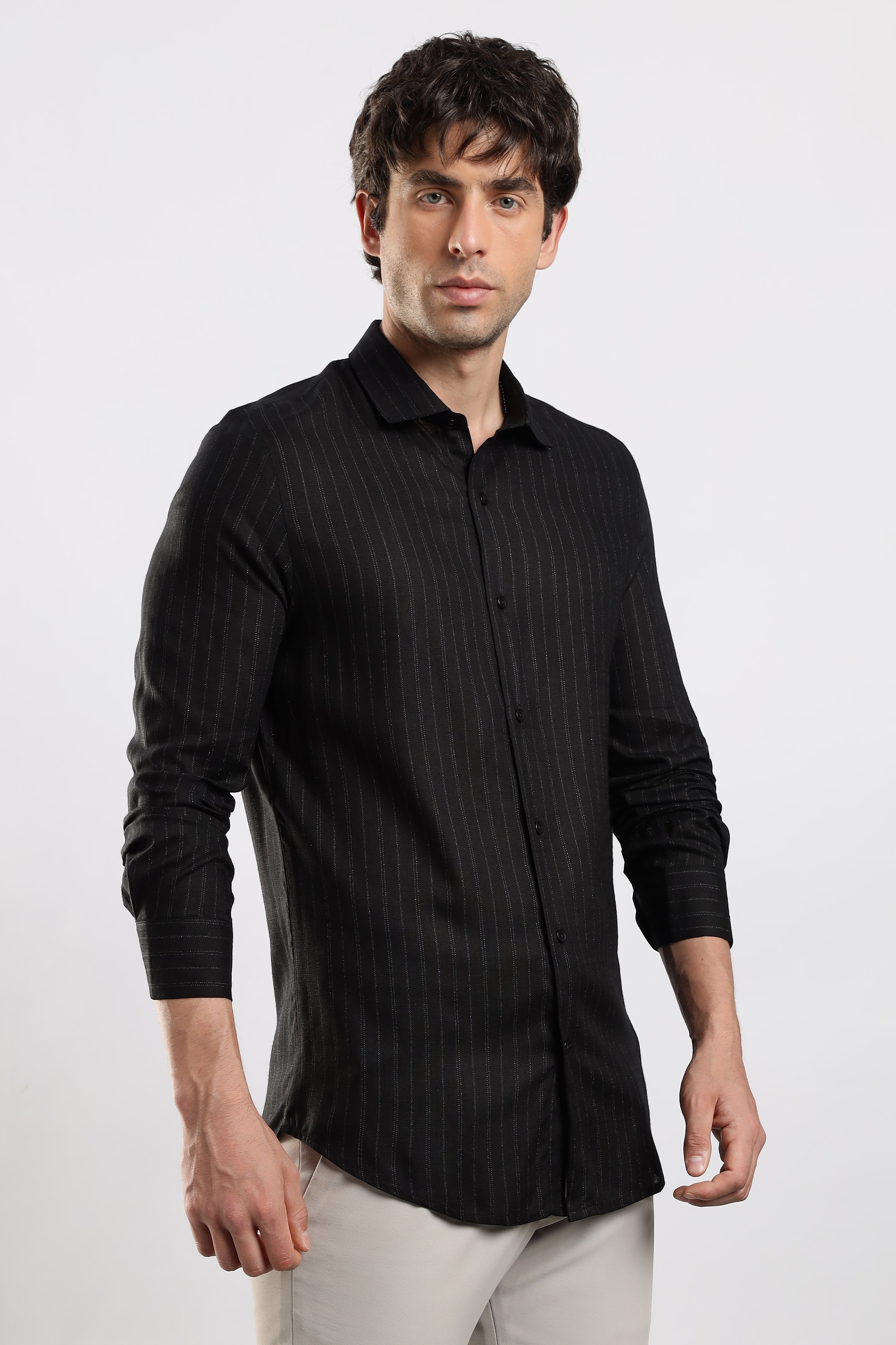 Men Black Cotton Slim Fit Striped Glitter Shirt