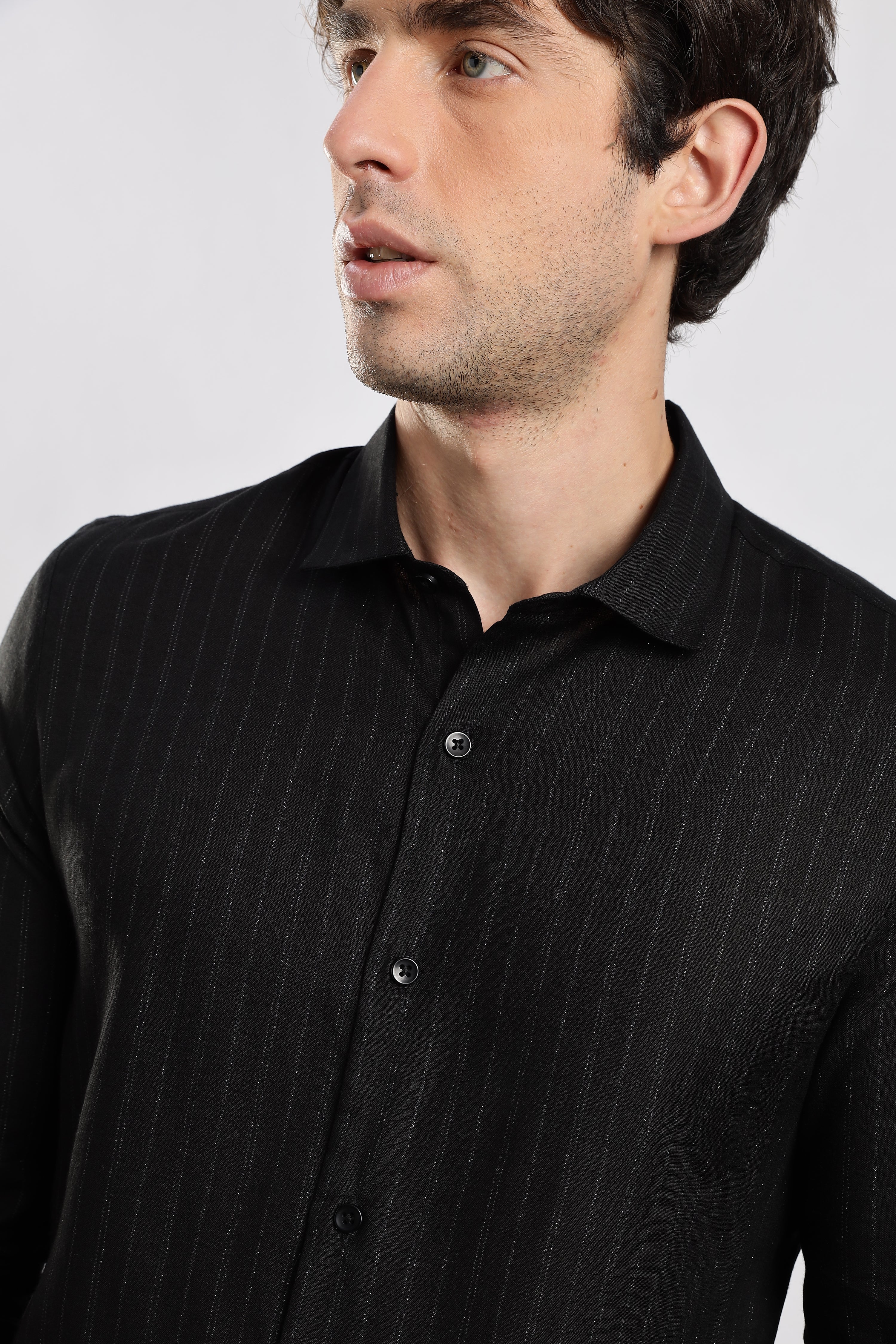 Men Black Cotton Slim Fit Striped Glitter Shirt