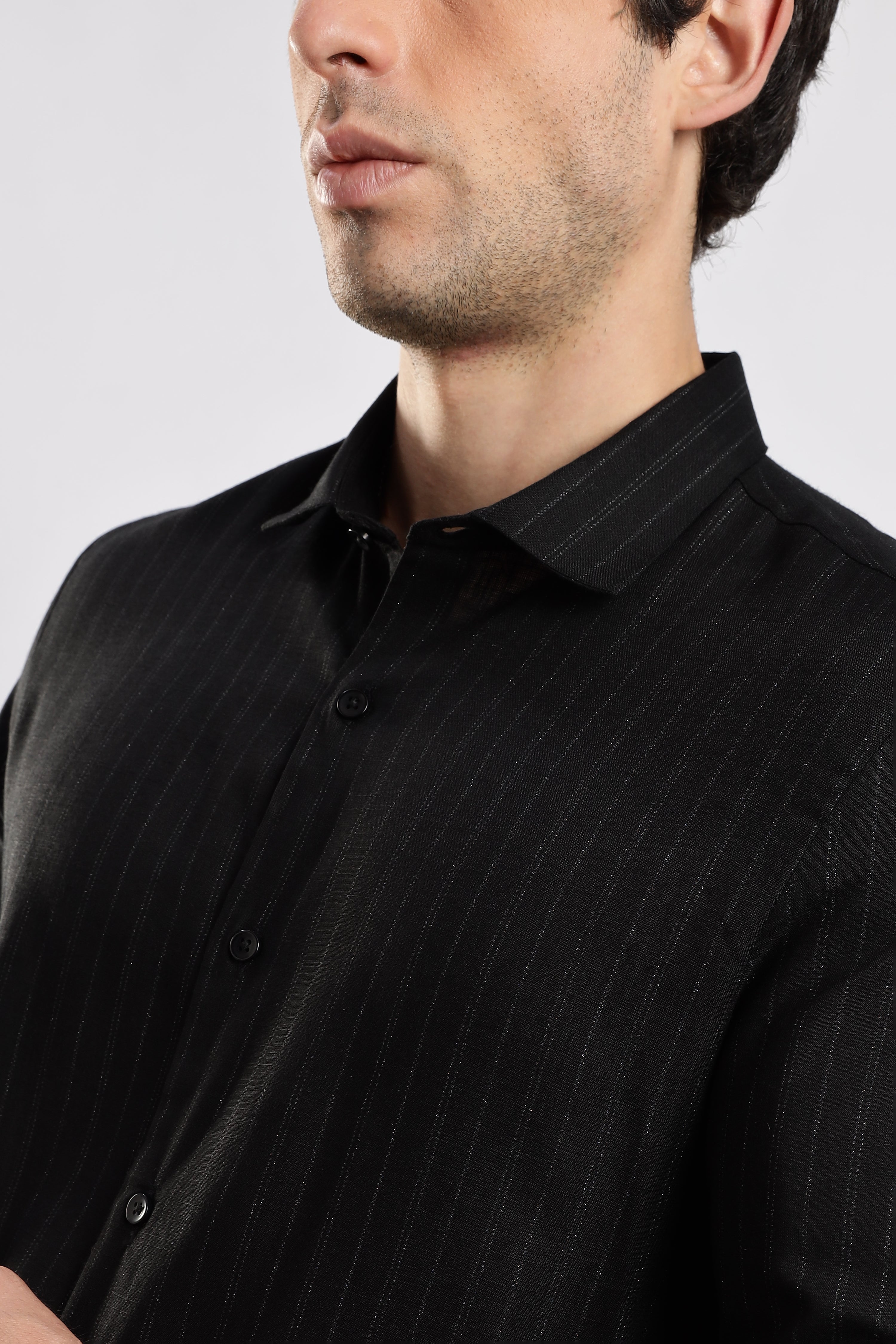 Men Black Cotton Slim Fit Striped Glitter Shirt