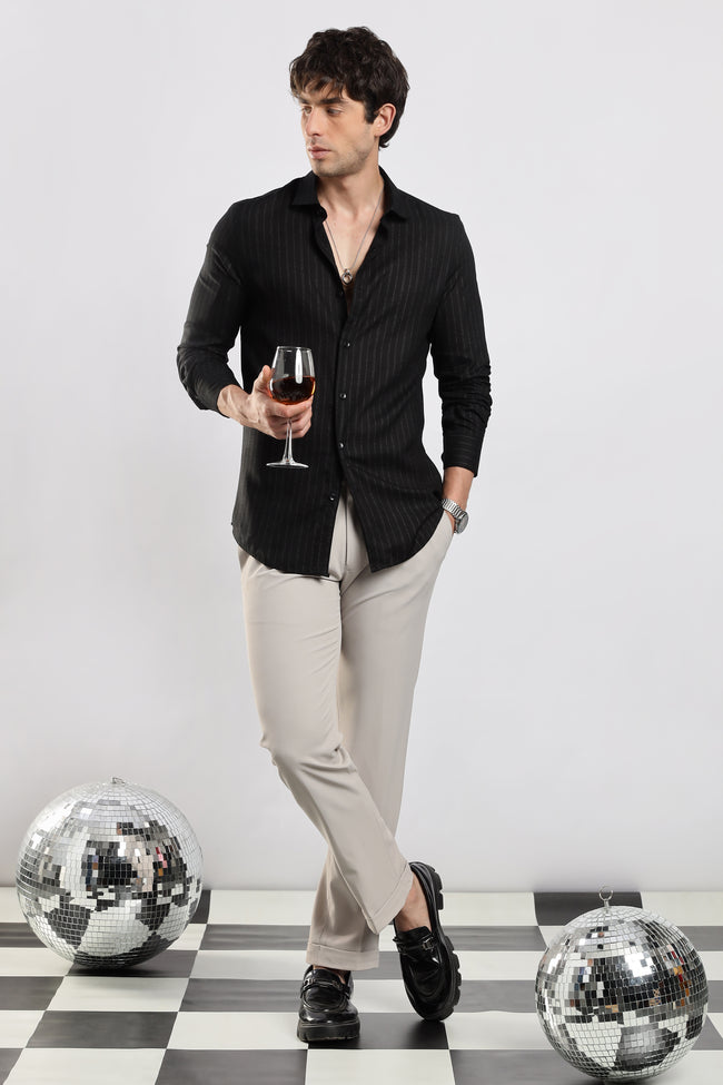 Men Black Cotton Slim Fit Striped Glitter Shirt