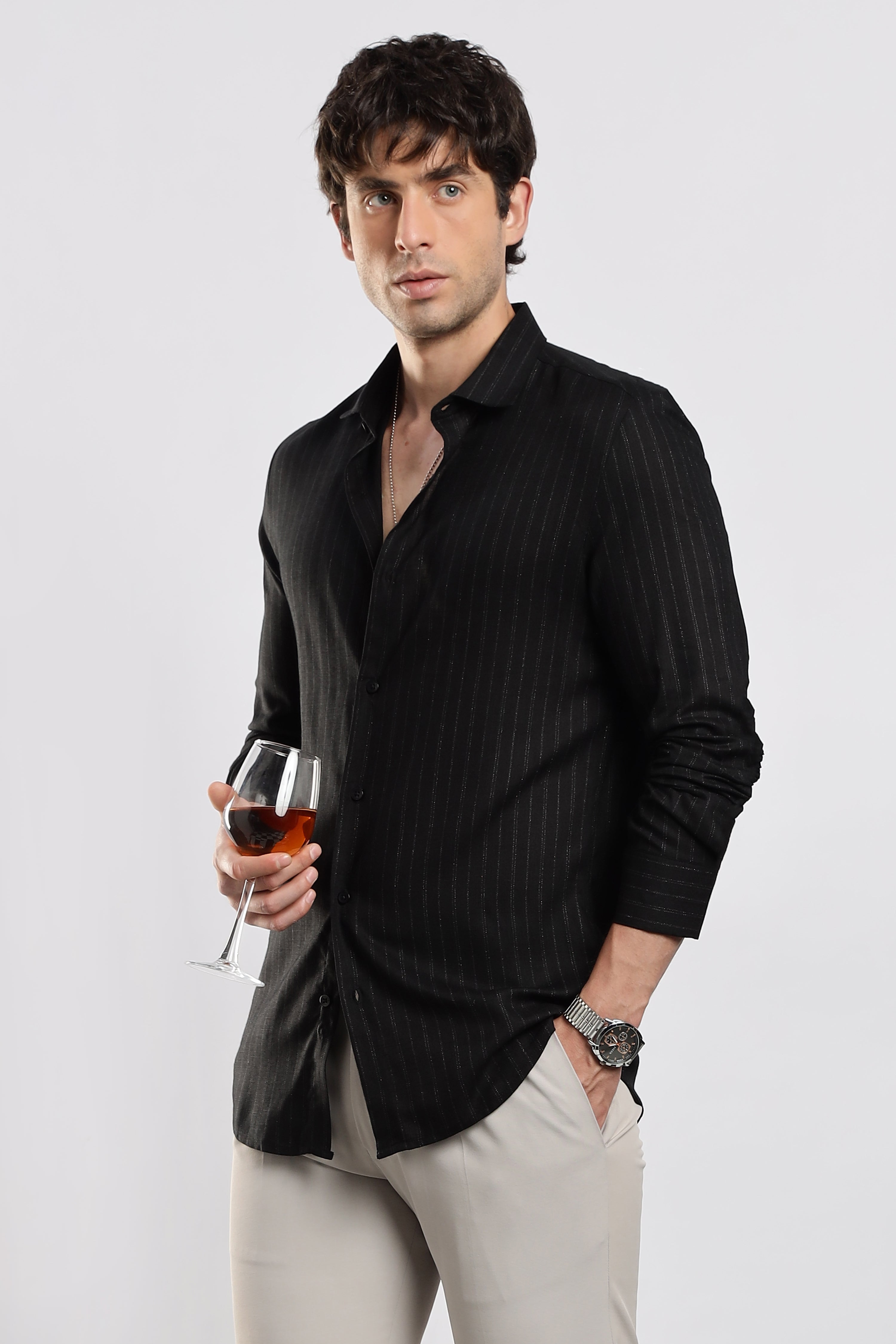 Men Black Cotton Slim Fit Striped Glitter Shirt