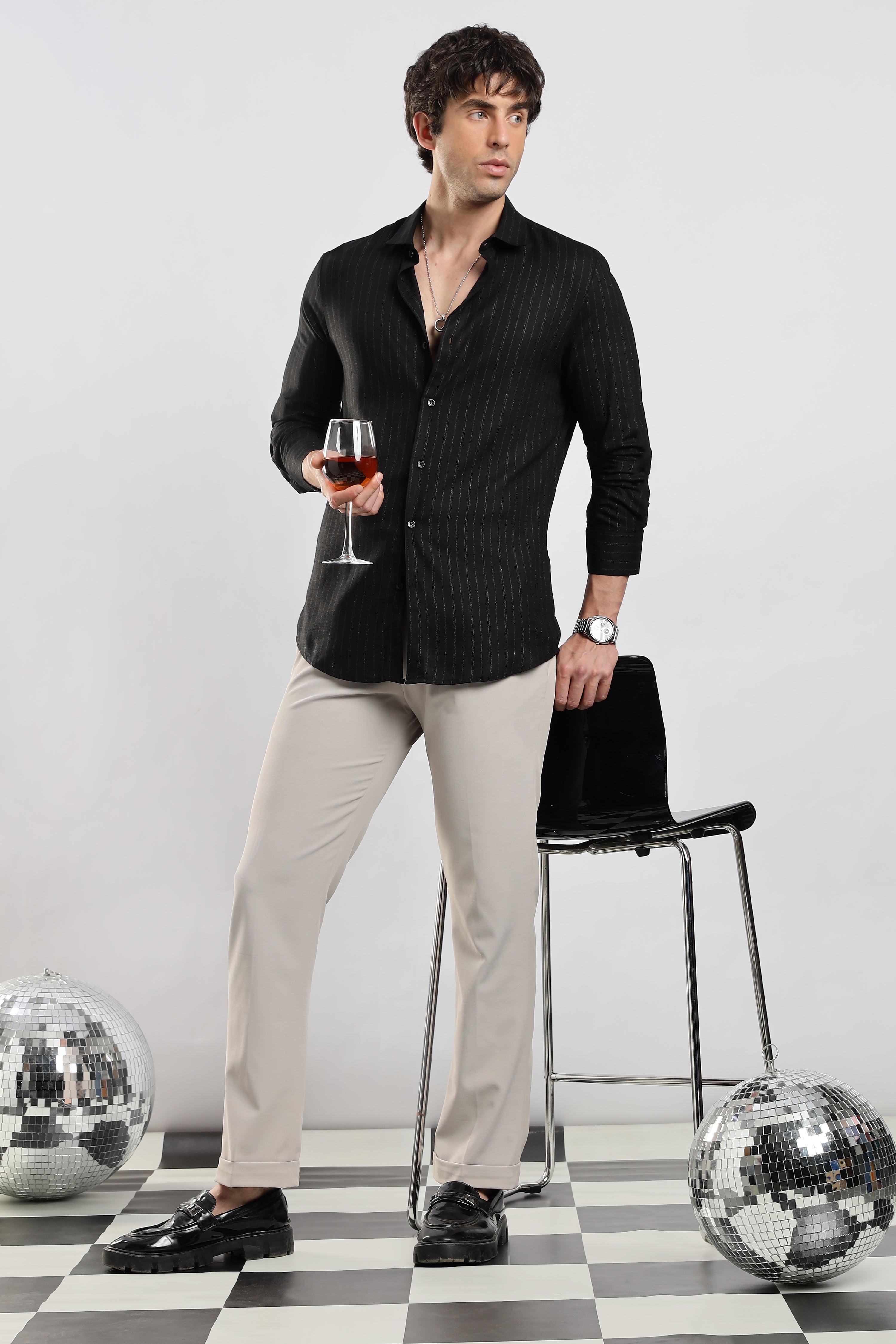 Men Black Cotton Slim Fit Striped Glitter Shirt
