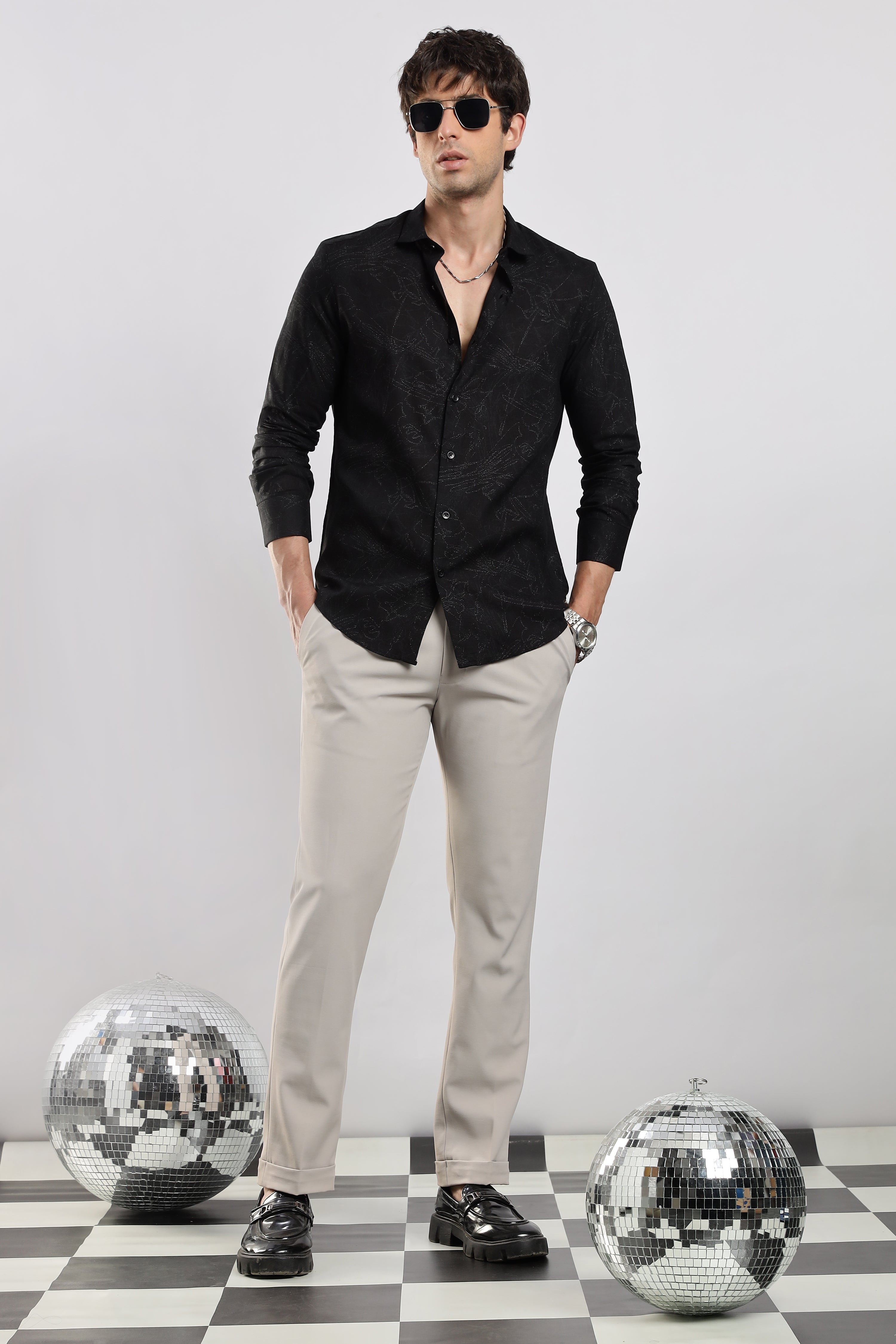 Men Black Glitter print festive wear