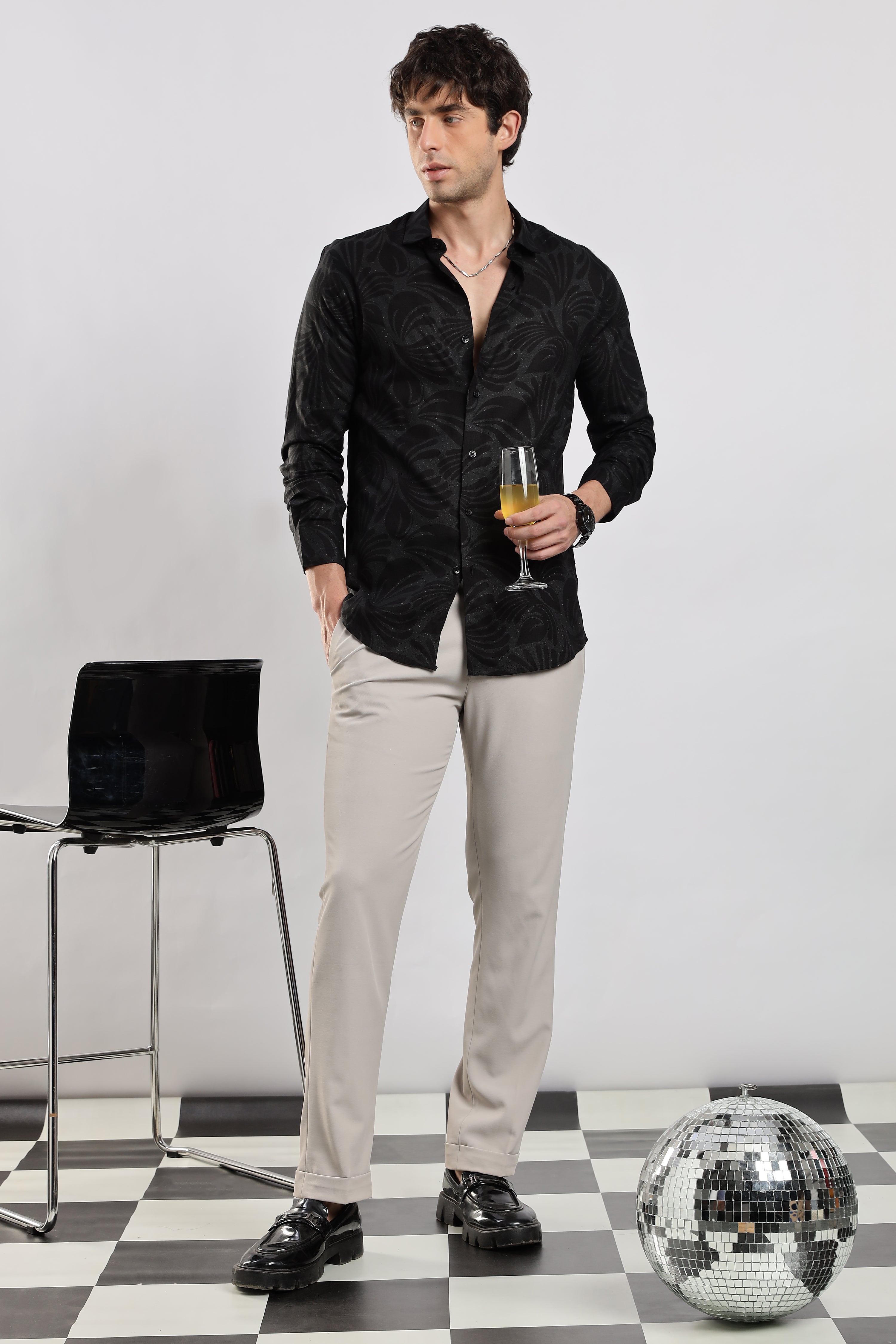 Men Black Glitter print festive wear