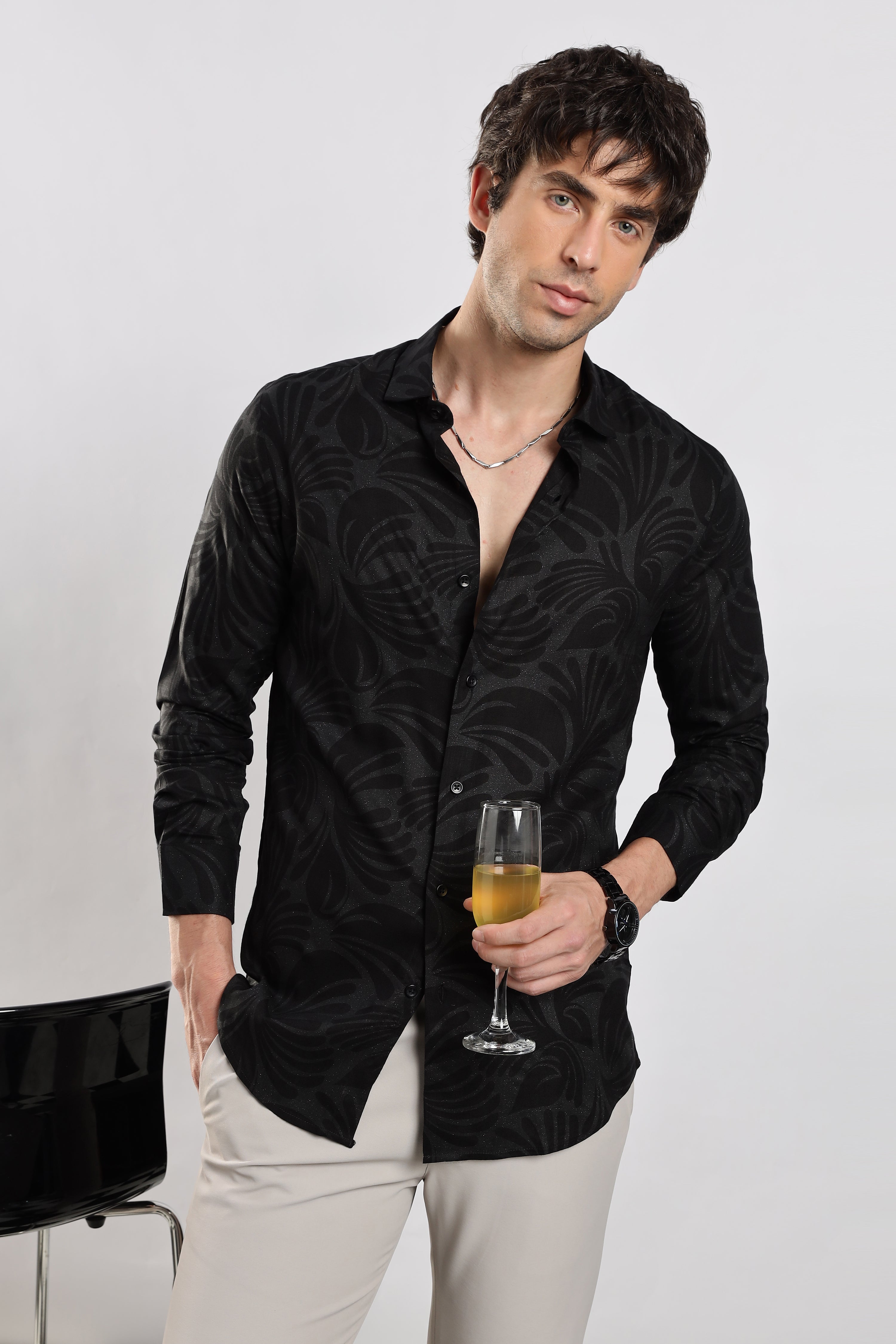 Men Black Glitter print festive wear