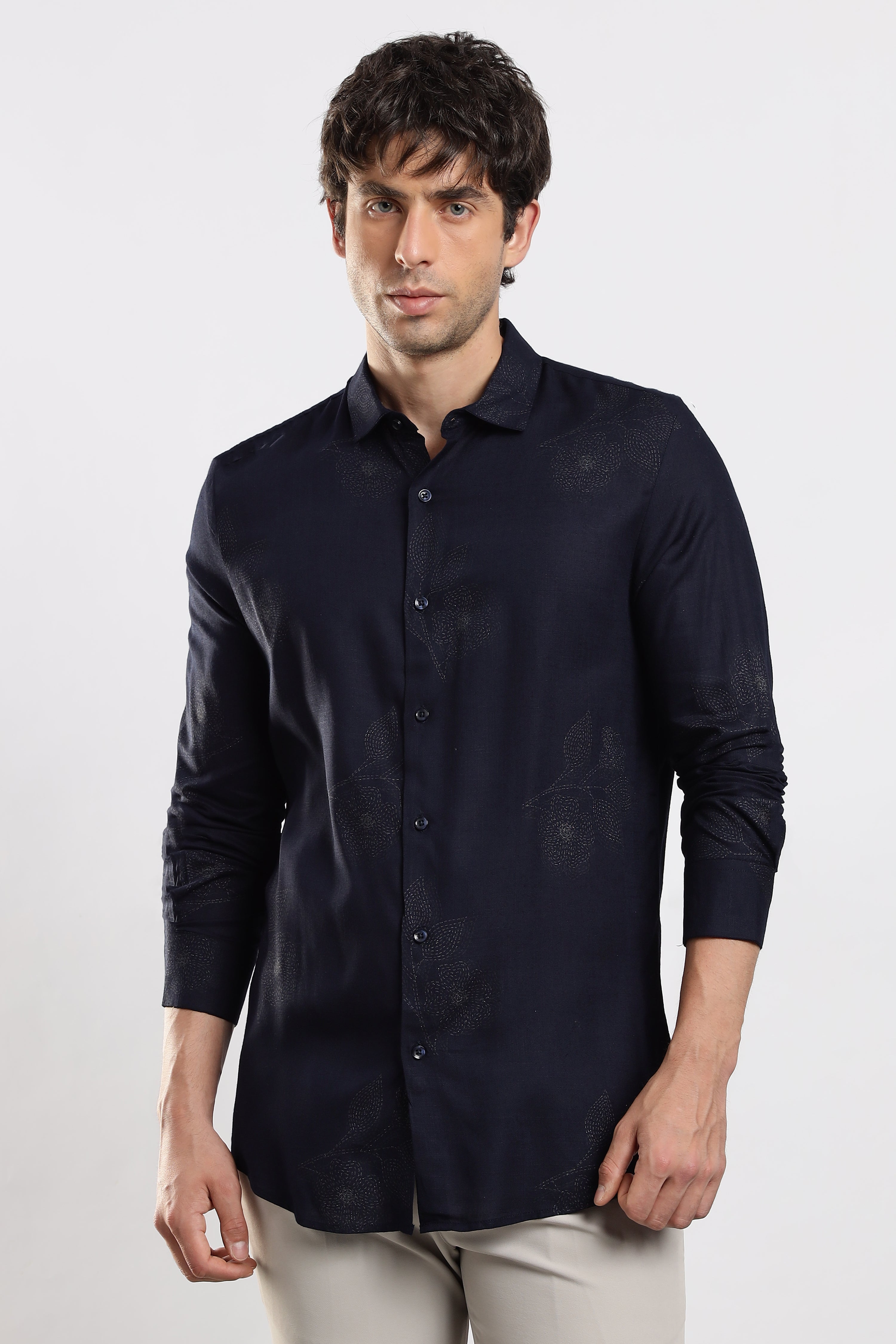 Men Navy Blue Glitter print festive wear