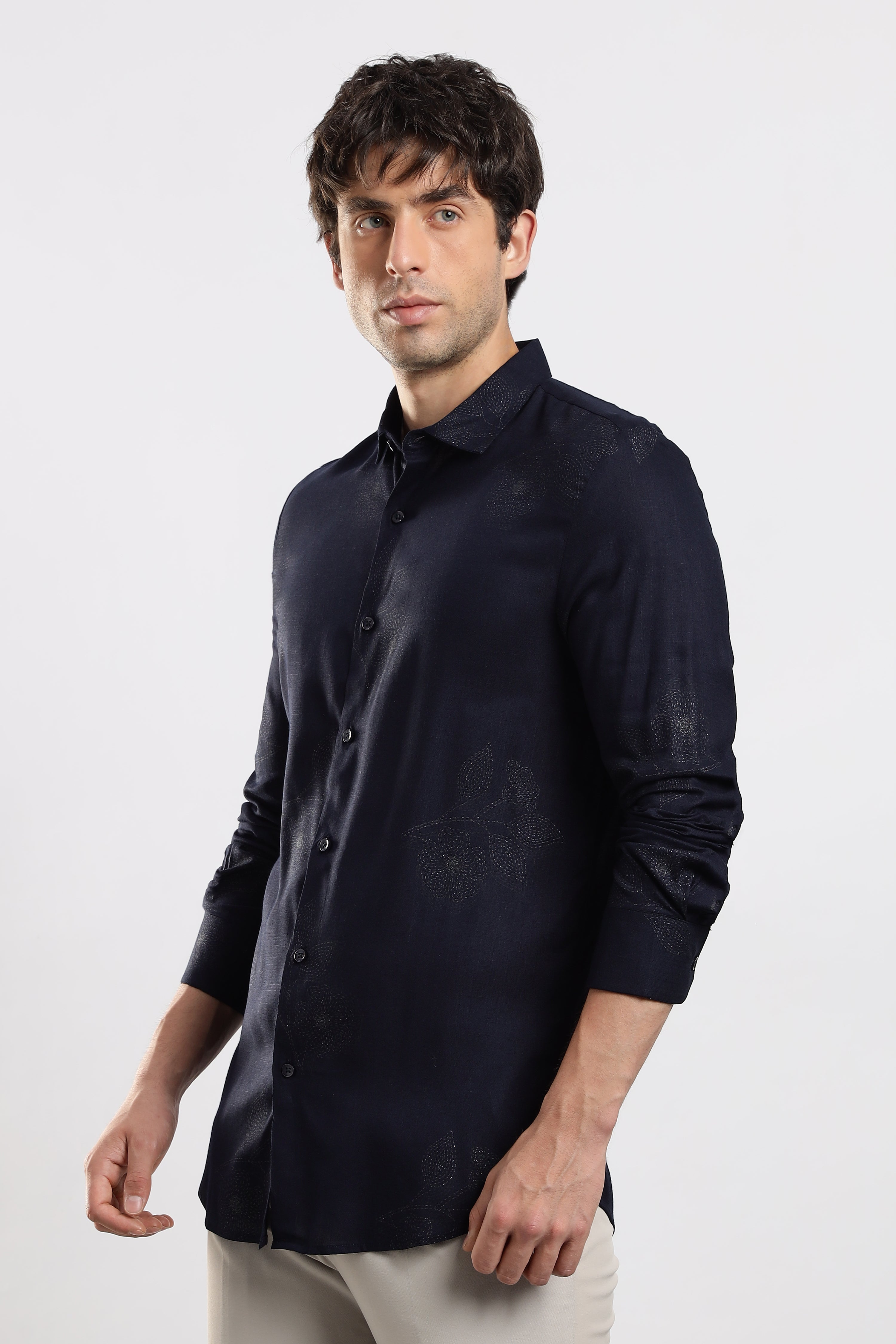 Men Navy Blue Glitter print festive wear