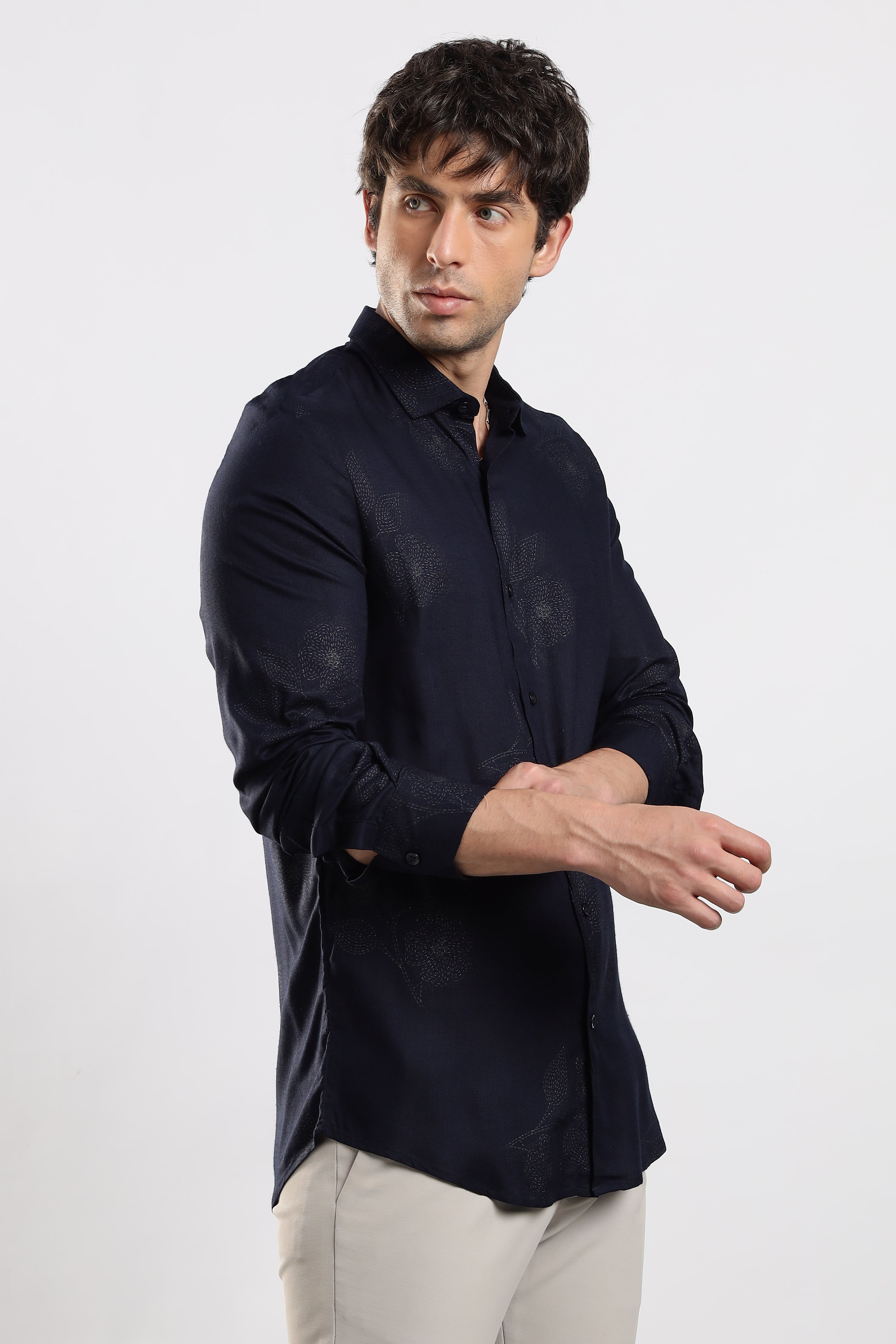 Men Navy Blue Glitter print festive wear