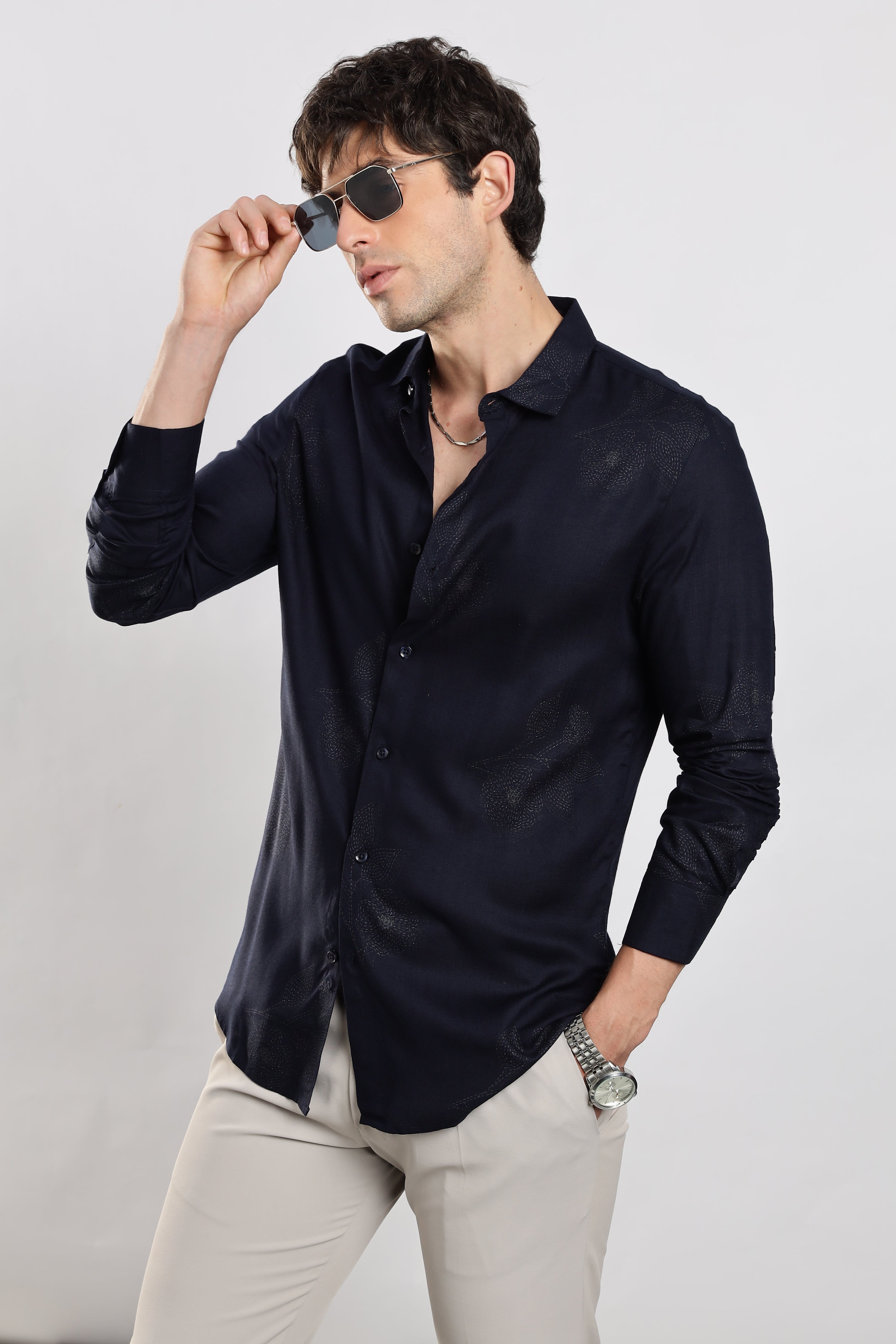 Men Navy Blue Glitter print festive wear