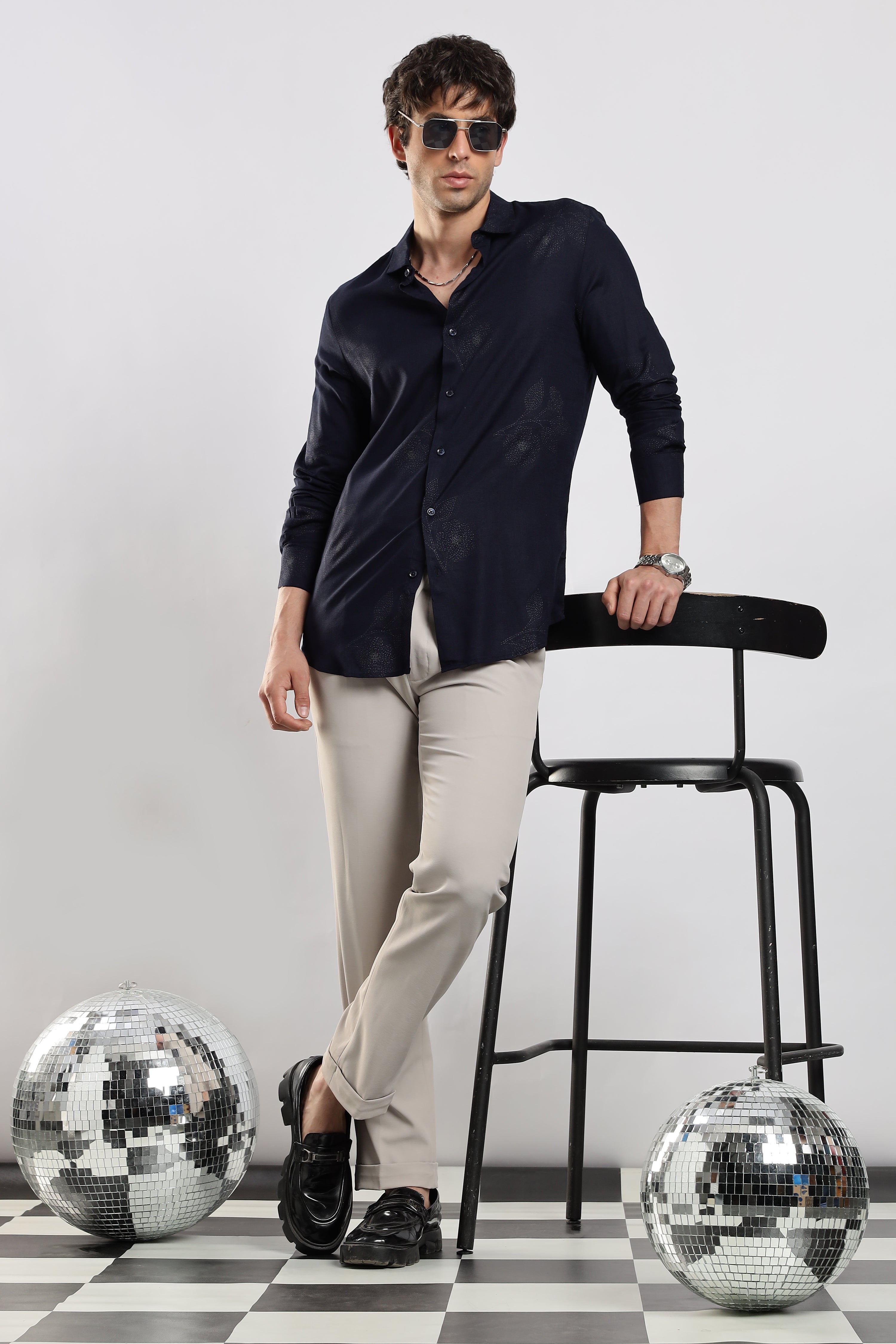 Men Navy Blue Glitter print festive wear