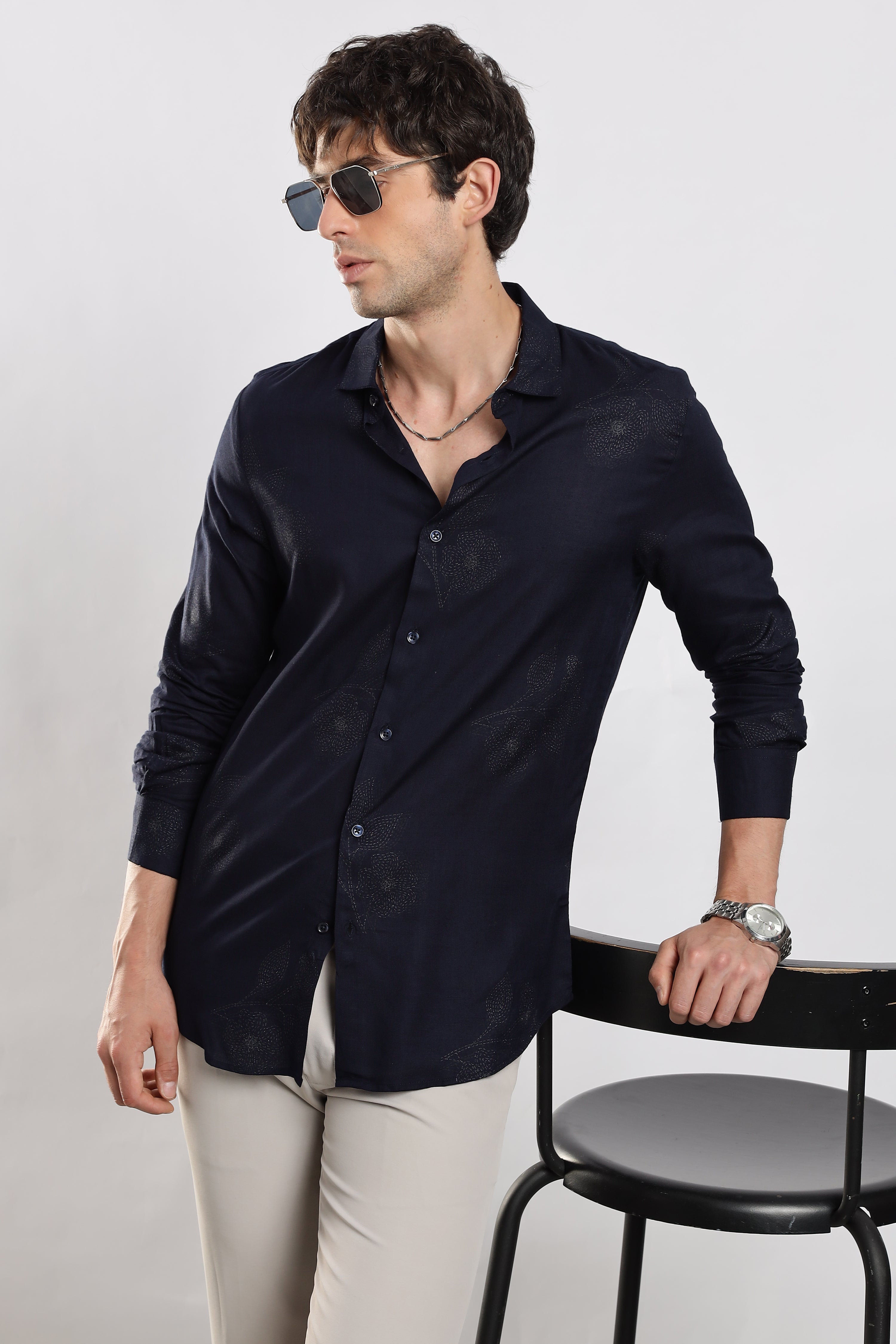 Men Navy Blue Glitter print festive wear