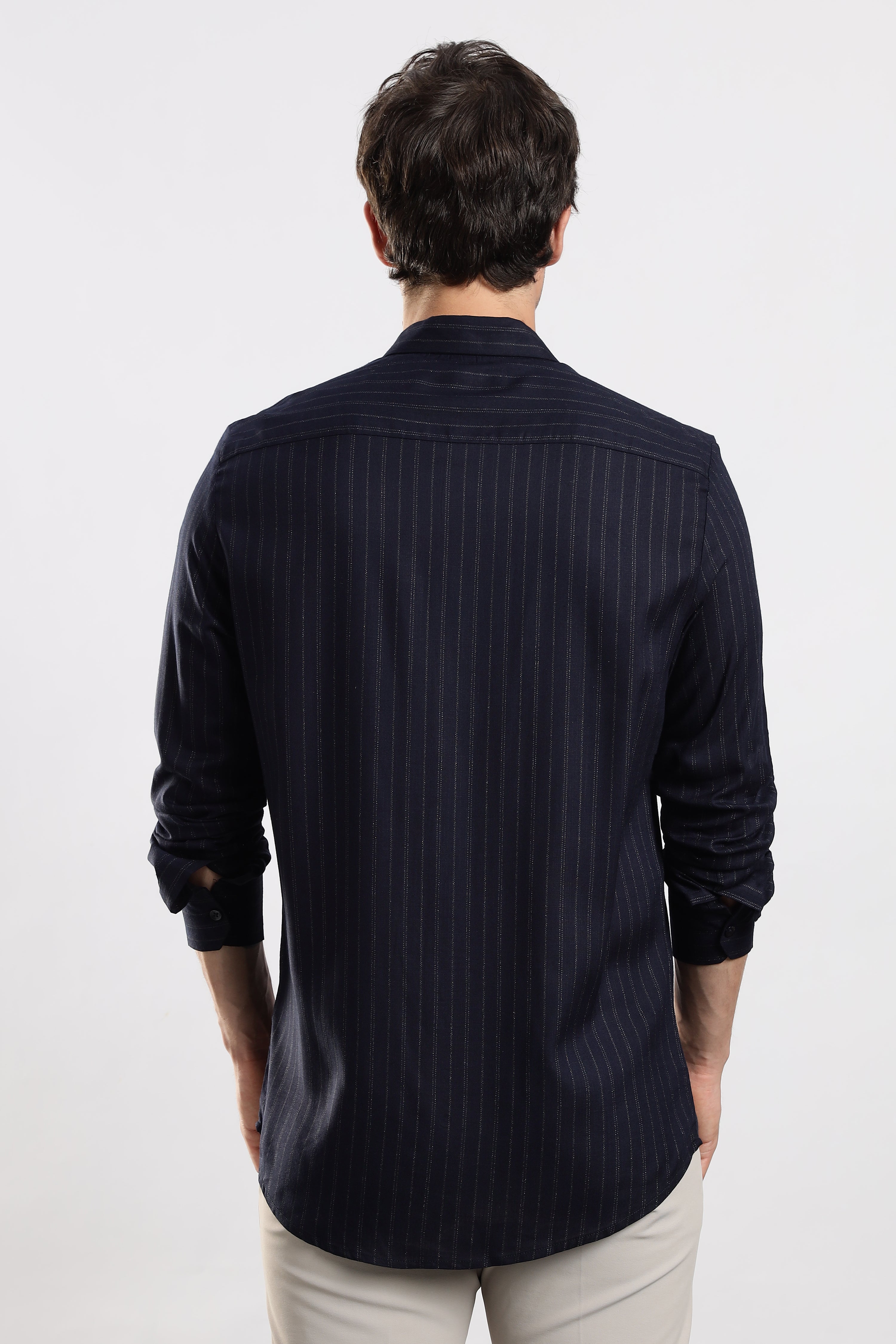 Men Navy Cotton Slim Fit Striped Glitter Shirt
