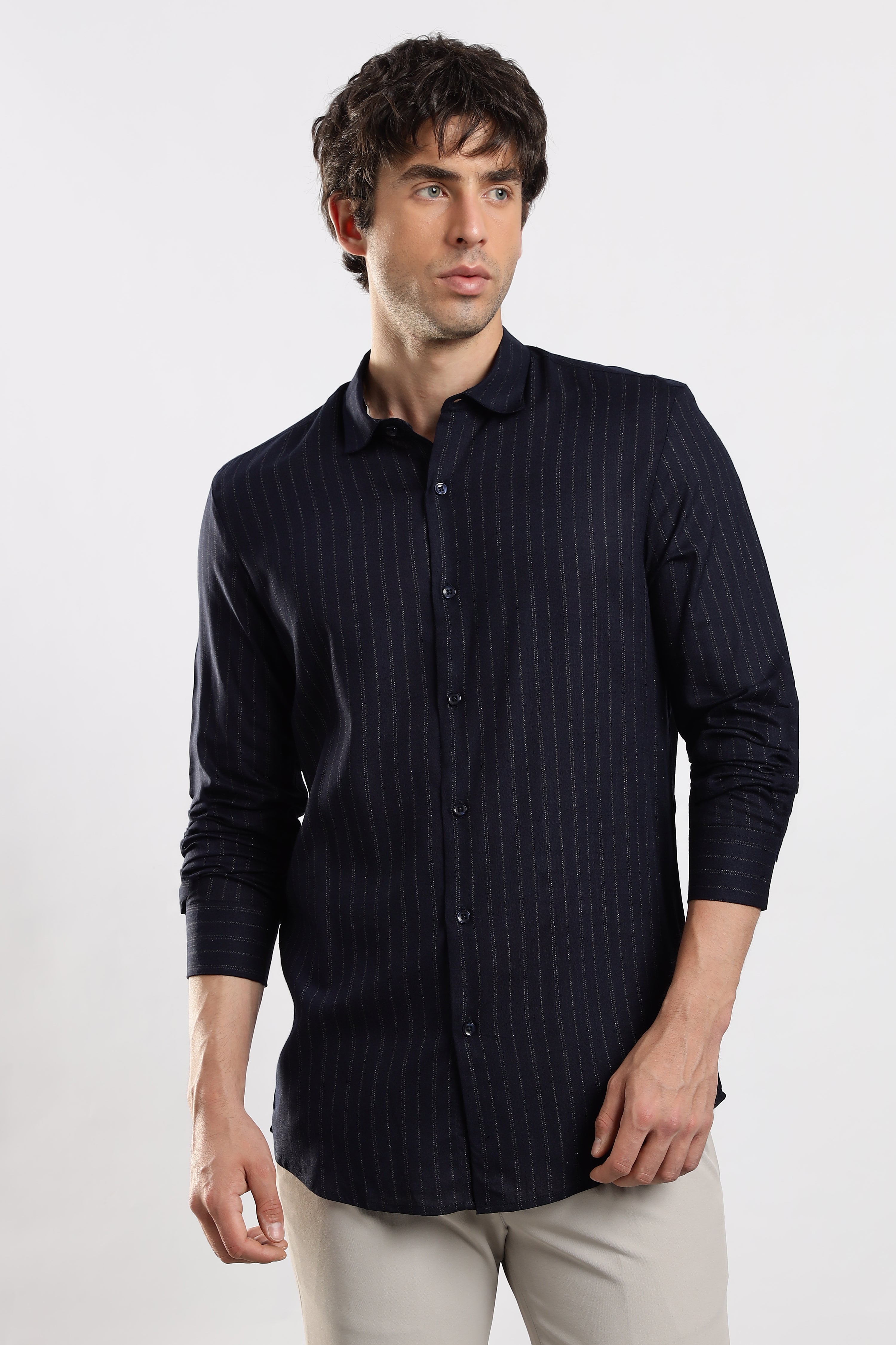 Men Navy Cotton Slim Fit Striped Glitter Shirt