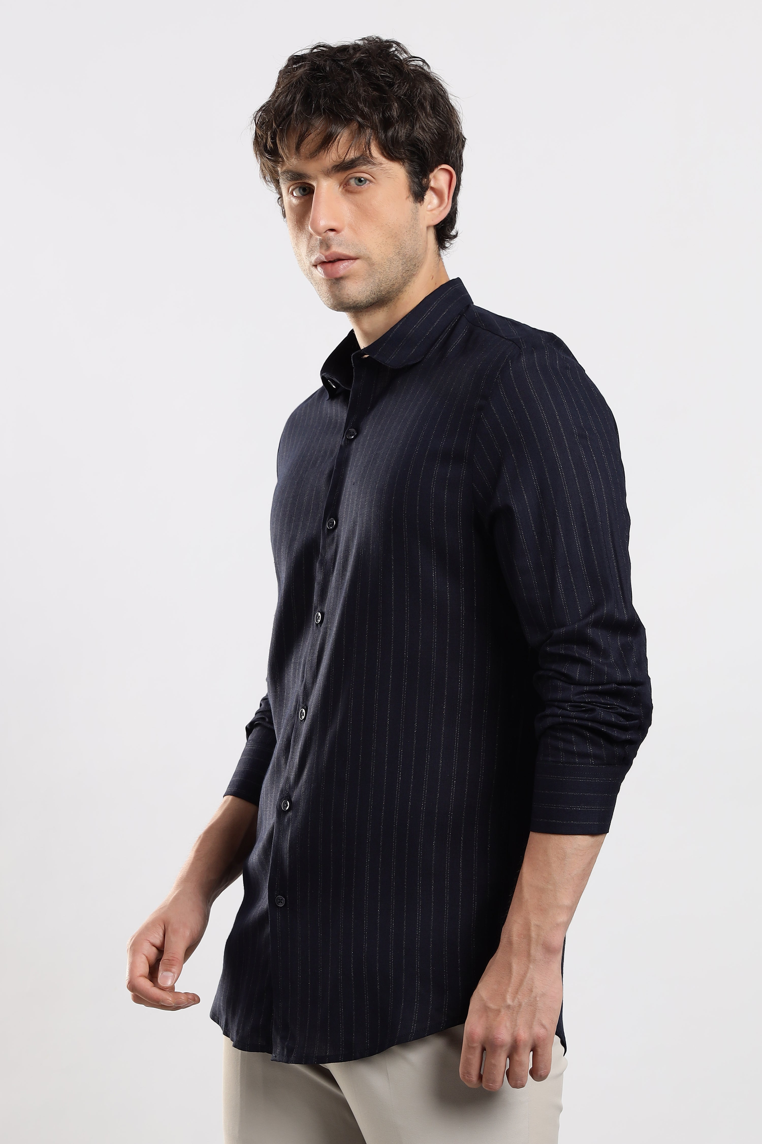 Men Navy Cotton Slim Fit Striped Glitter Shirt