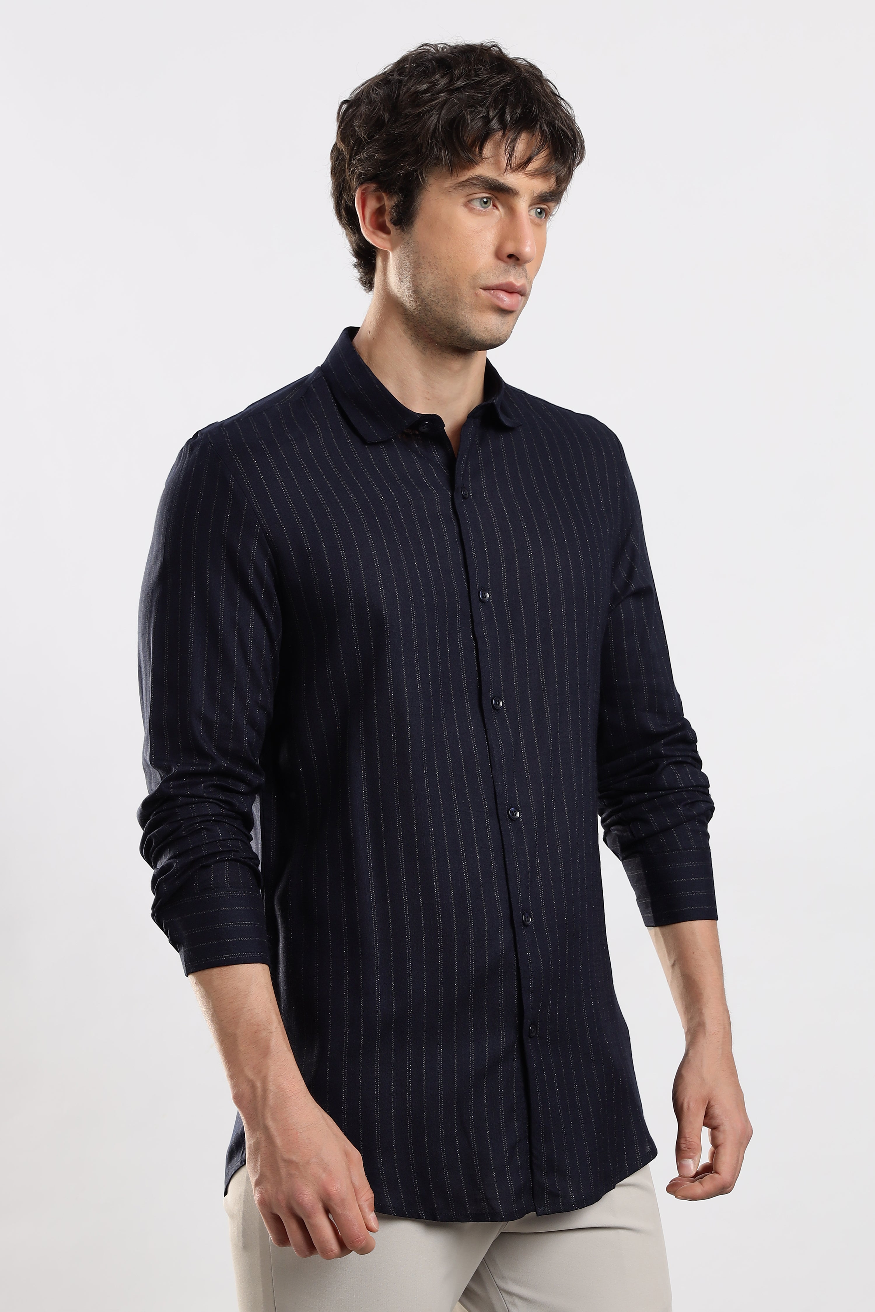 Men Navy Cotton Slim Fit Striped Glitter Shirt