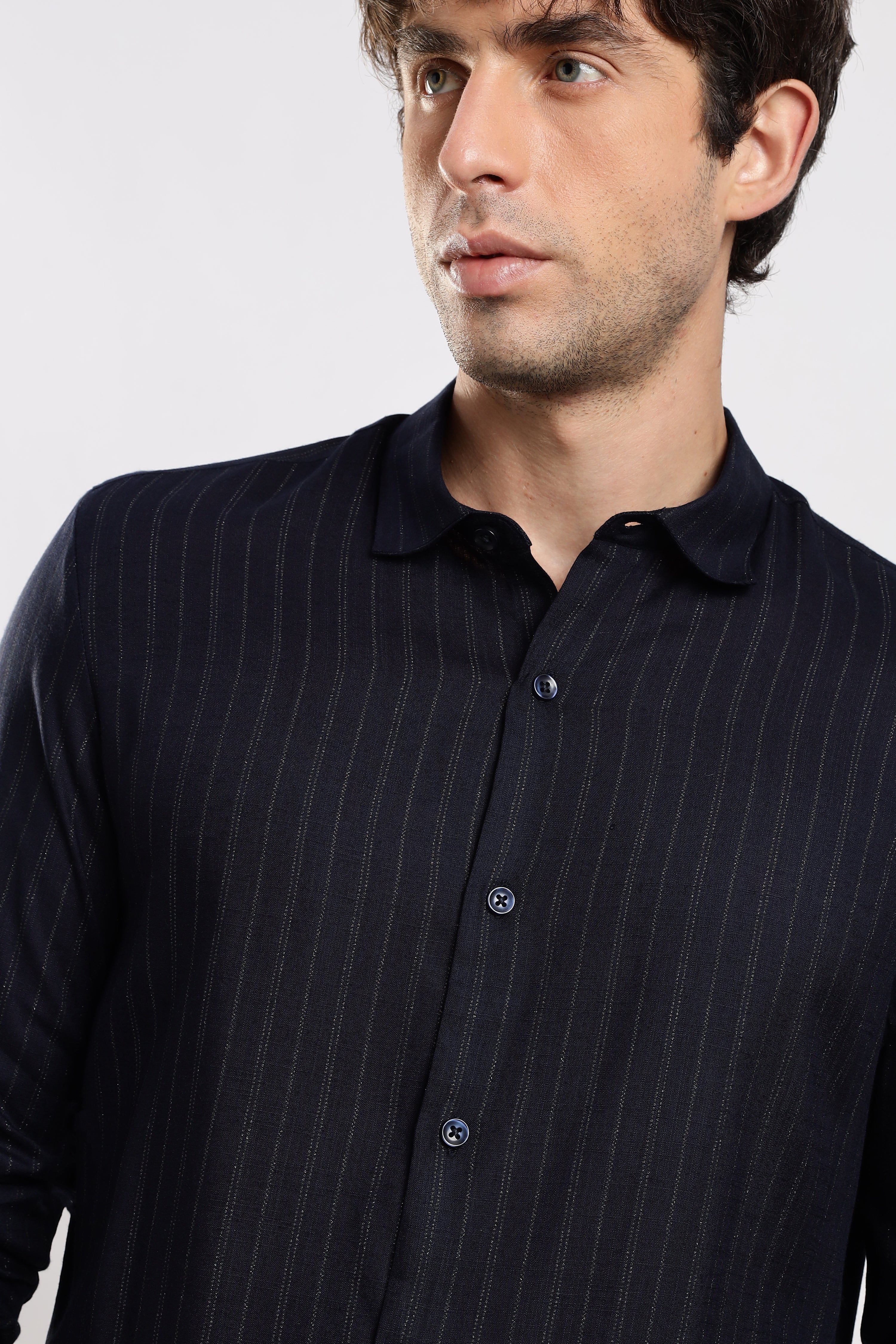 Men Navy Cotton Slim Fit Striped Glitter Shirt