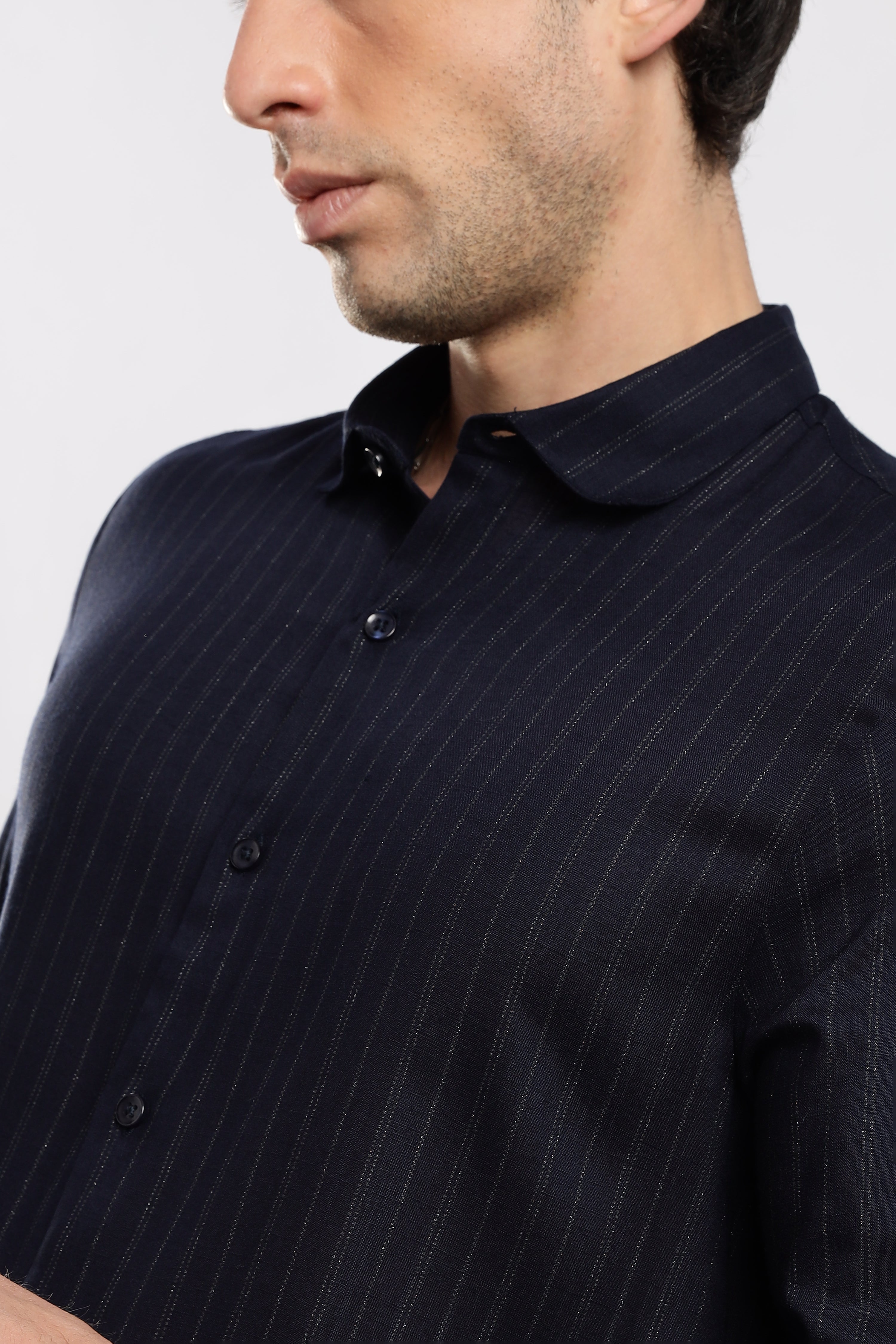 Men Navy Cotton Slim Fit Striped Glitter Shirt