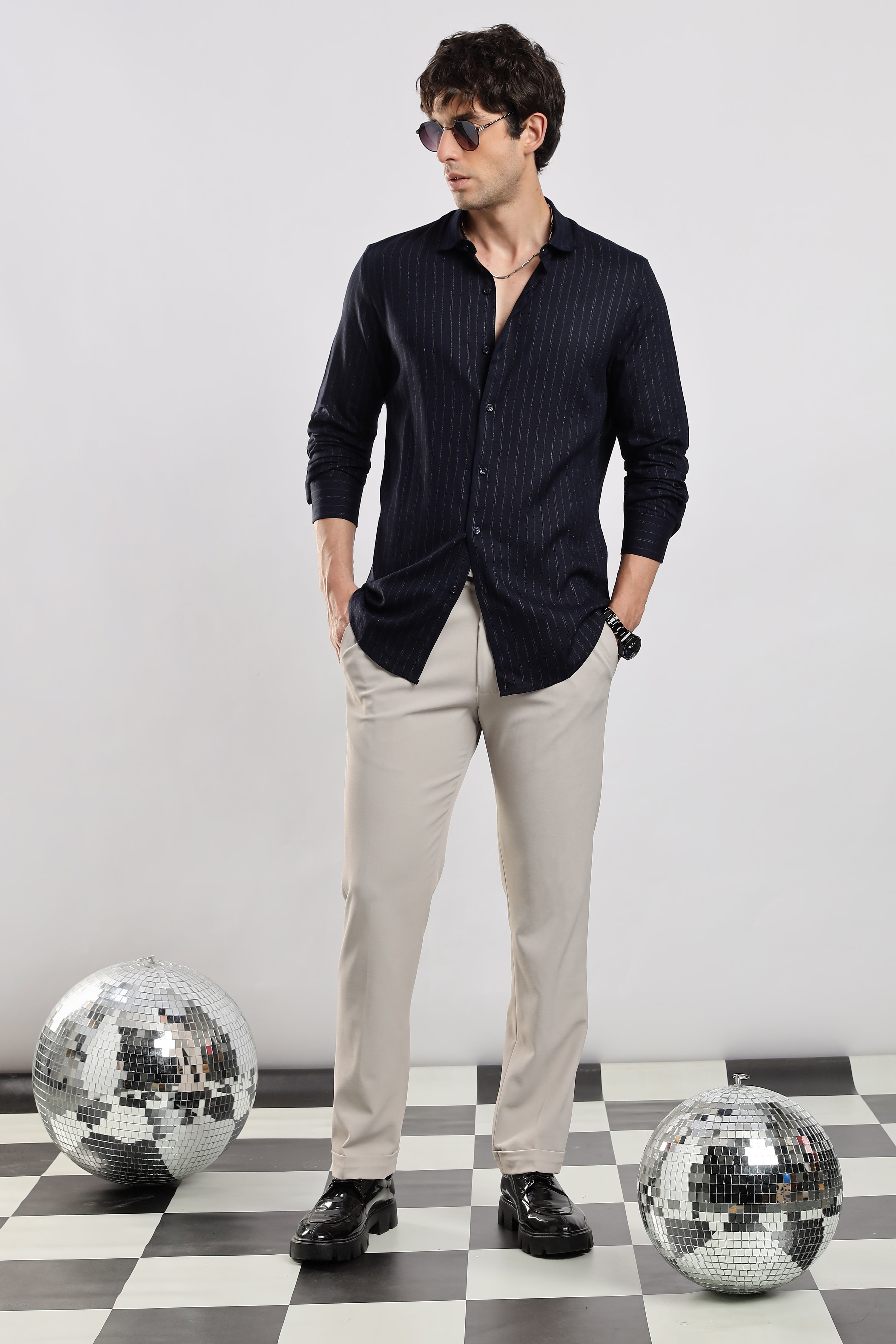 Men Navy Cotton Slim Fit Striped Glitter Shirt