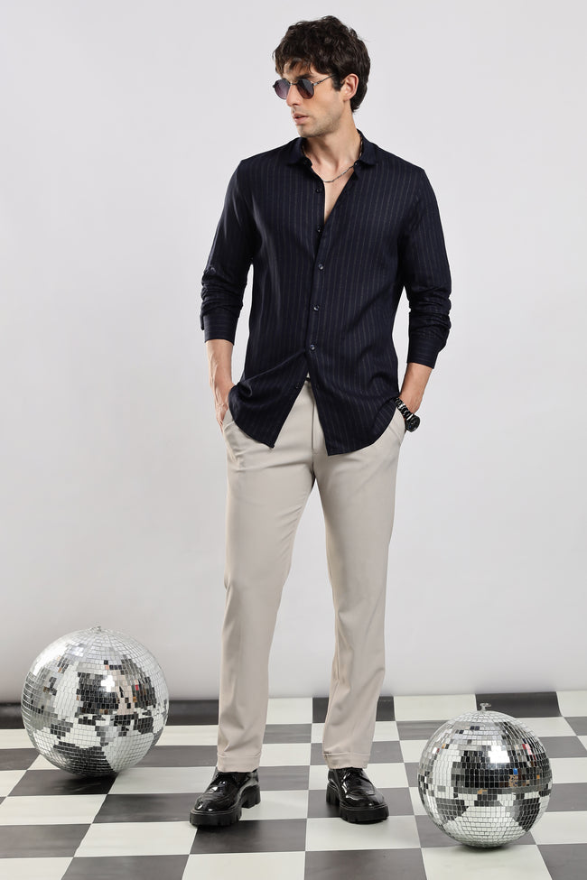 Men Navy Cotton Slim Fit Striped Glitter Shirt