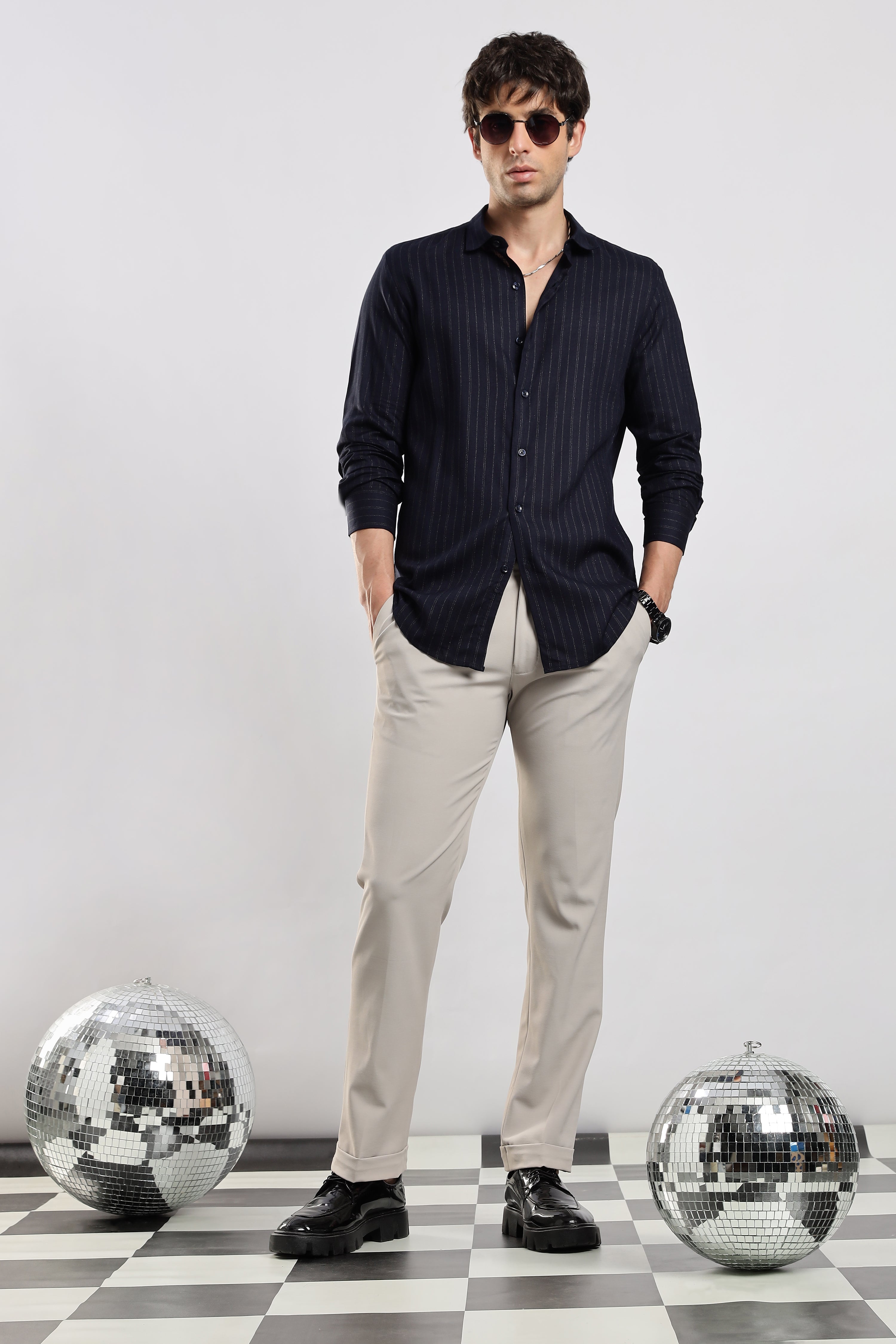 Men Navy Cotton Slim Fit Striped Glitter Shirt